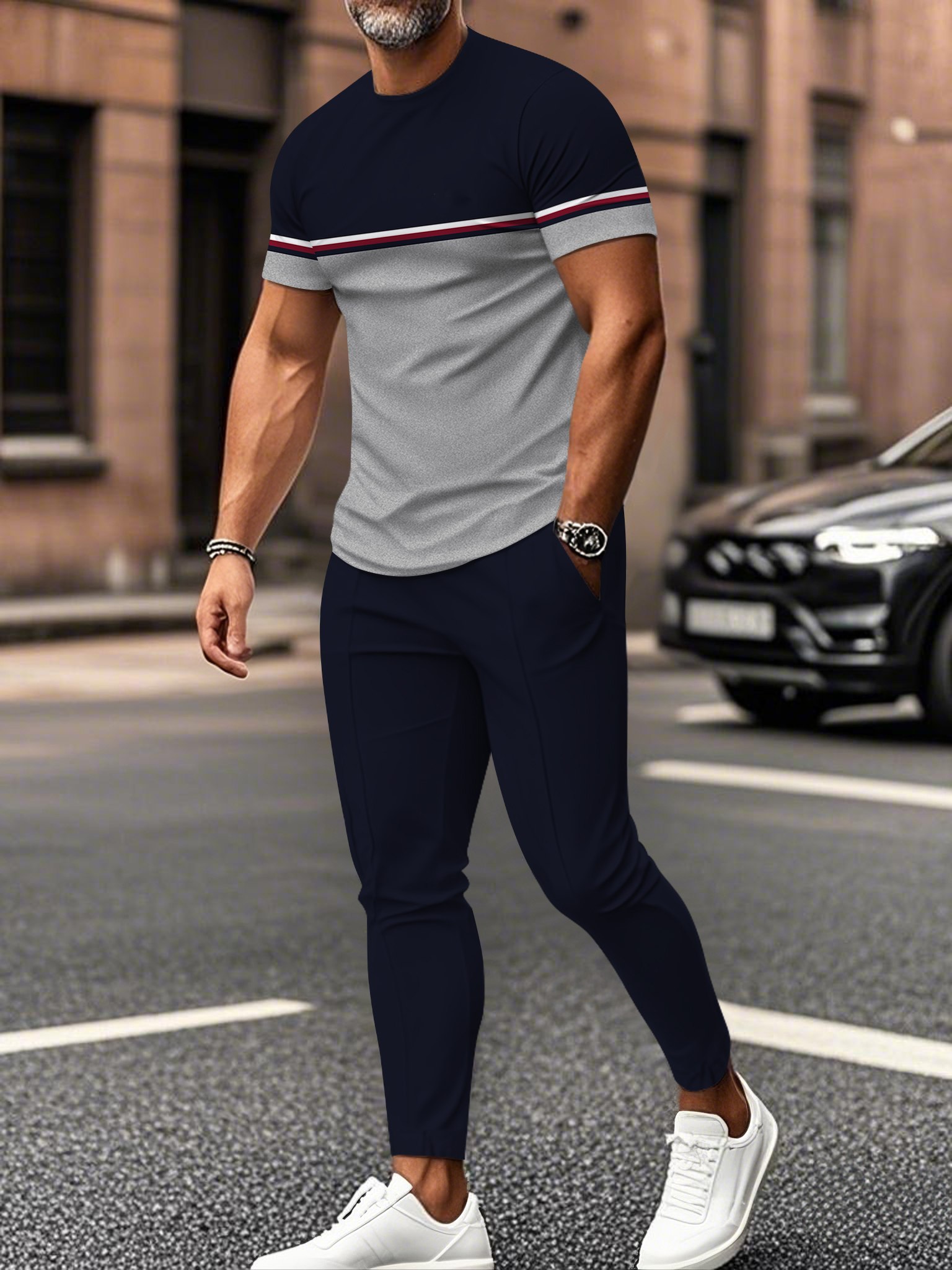 Men's fashion casual color matching striped printed short sleeved trousers two-piece set