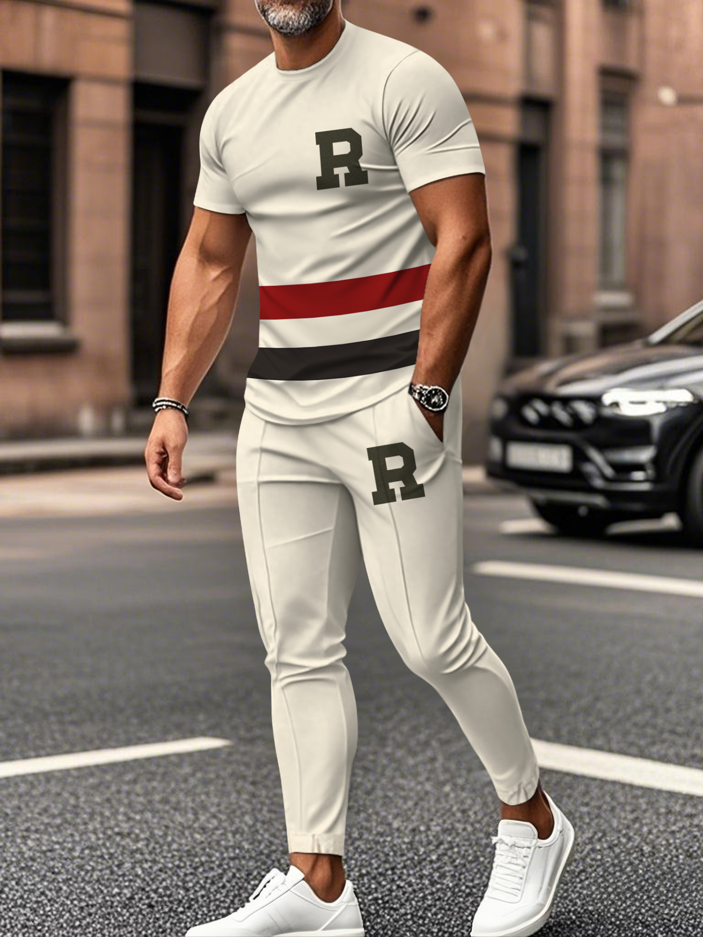 Men's fashion casual color matching striped printed short sleeved trousers two-piece set