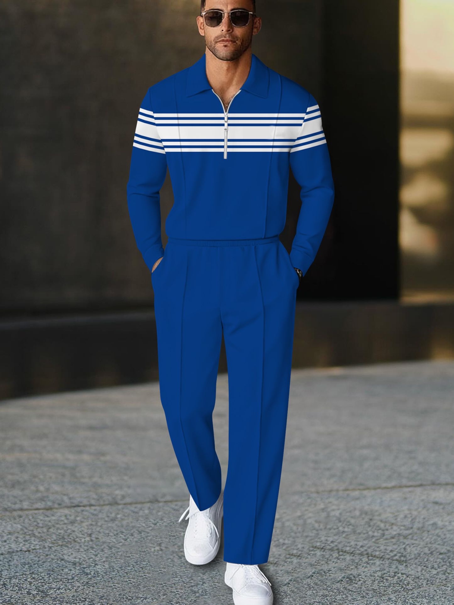 Men's fashion casual geometric print long sleeve zipper polo two-piece set