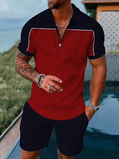 Men's fashion color matching geometric print short sleeve polo suit