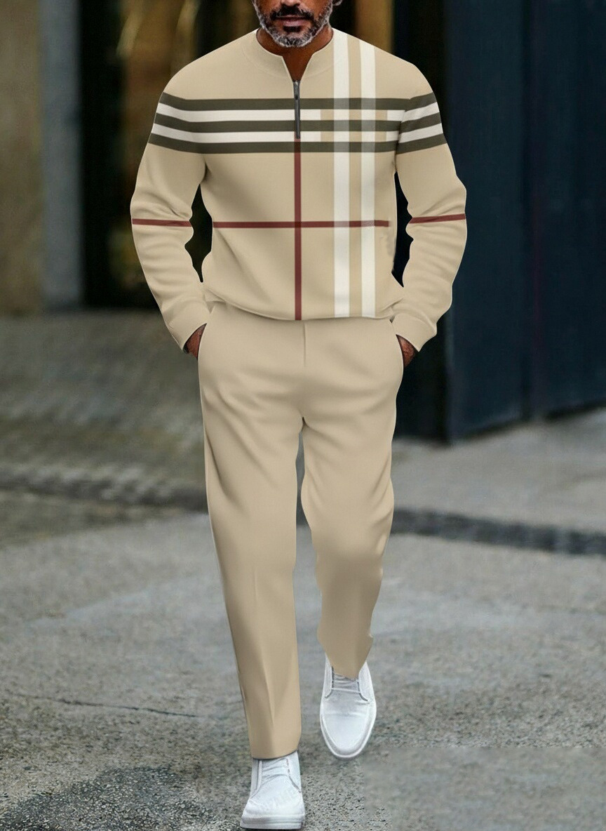 Men's fashion casual geometric print long sleeve zipper two-piece set