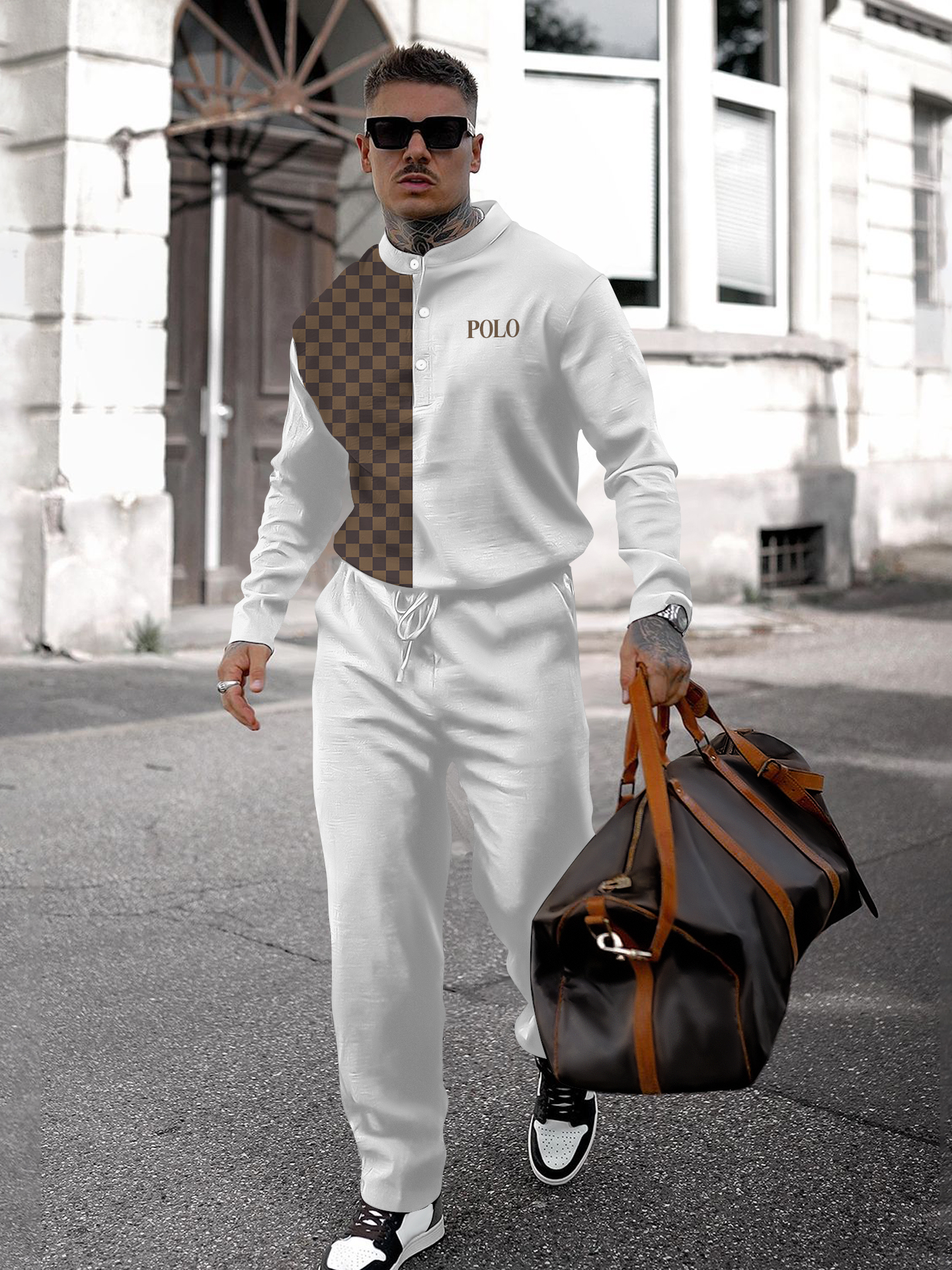 Men's fashion casual geometric print long sleeve two-piece set