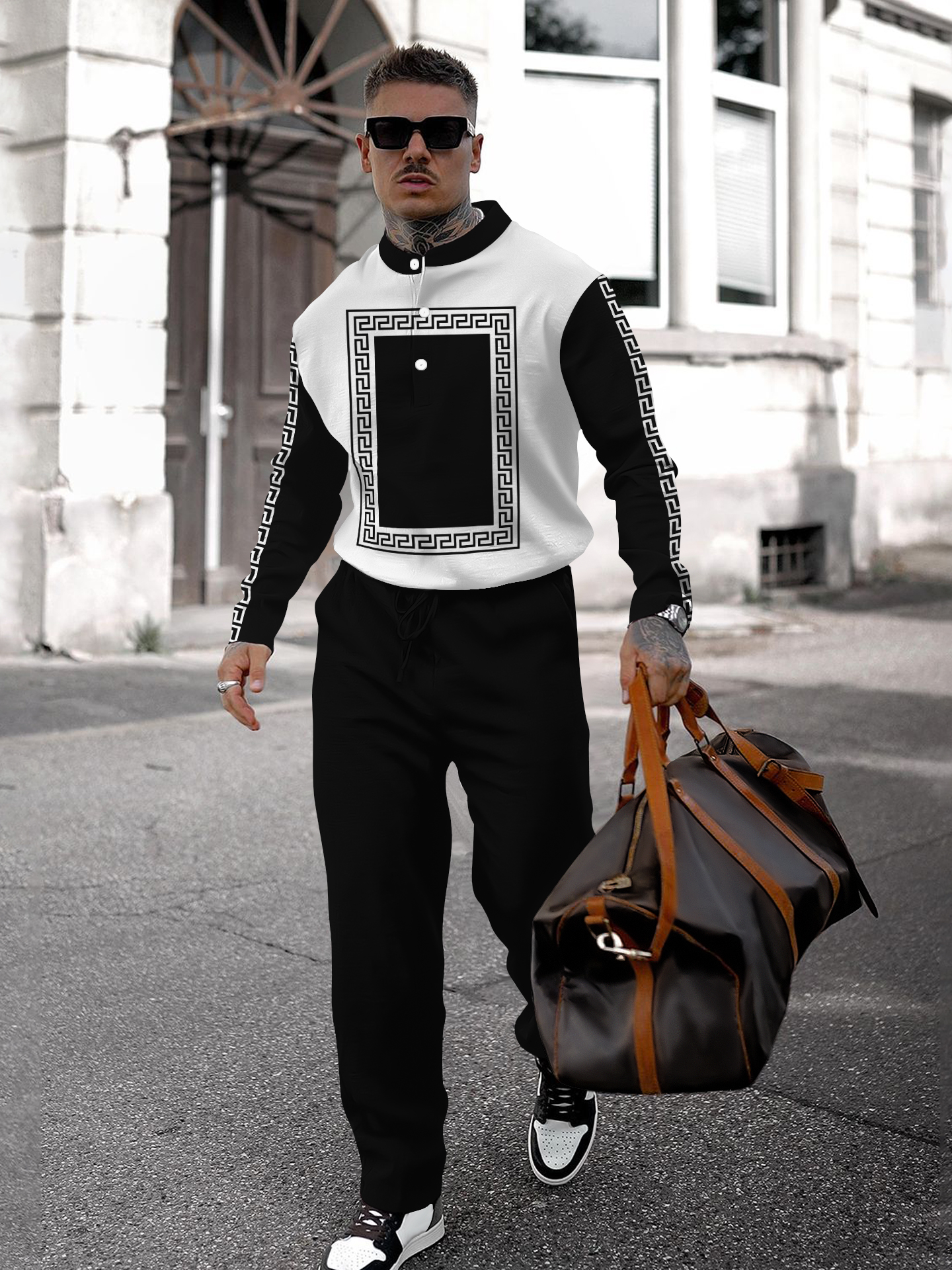 Men's fashion casual geometric print long sleeve two-piece set