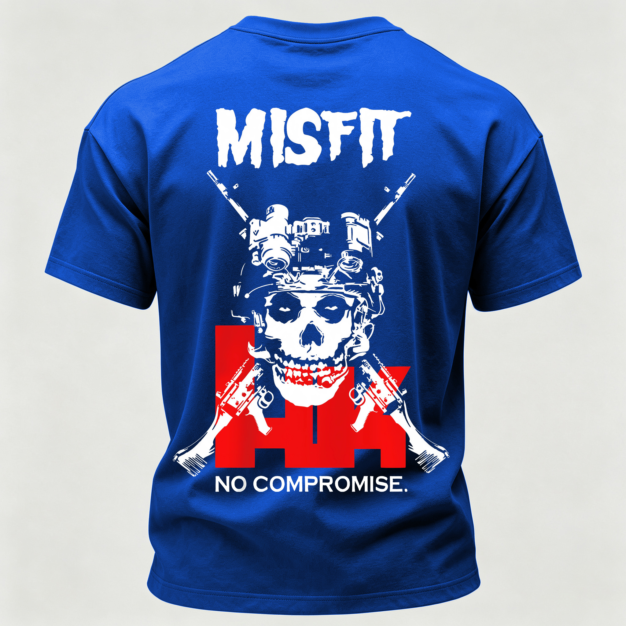Men’s MISFIT No Compromise Tactical Skull Helmet NVG Rifle Graphic Tee Back Print T Shirt