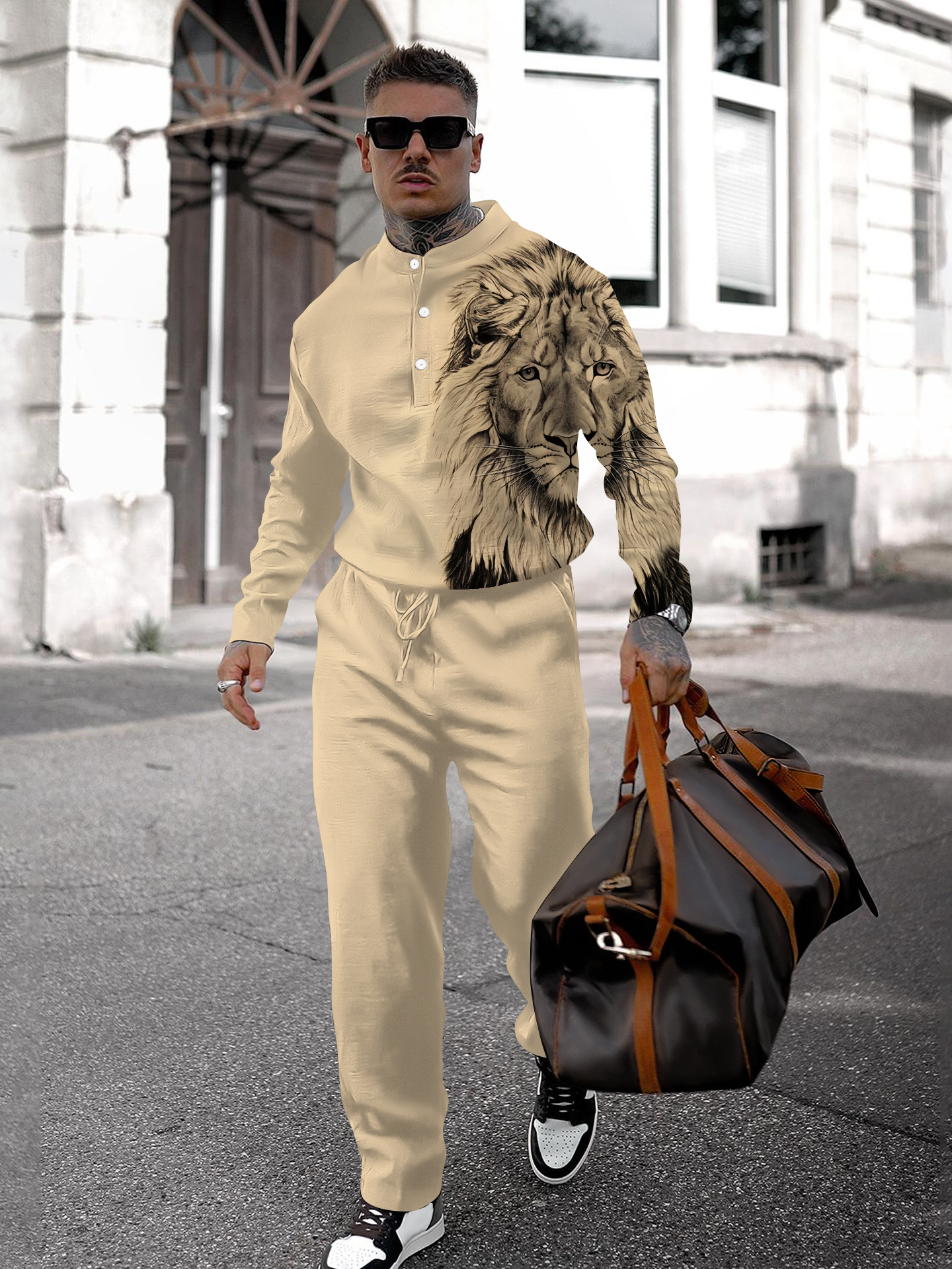 Men's fashion casual geometric print long sleeve two-piece set