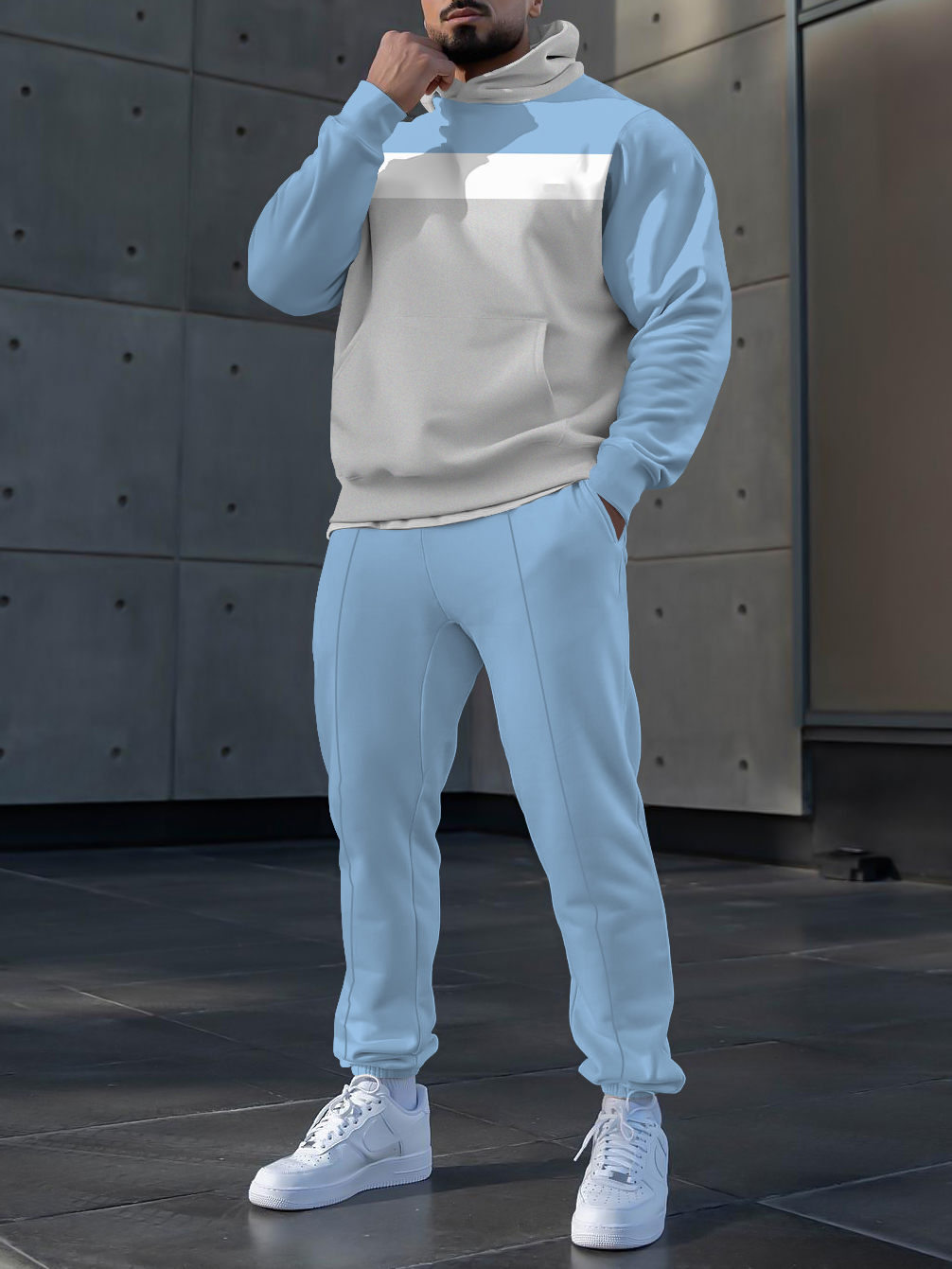 Men's fashion casual blue gray printed hoodie two-piece set