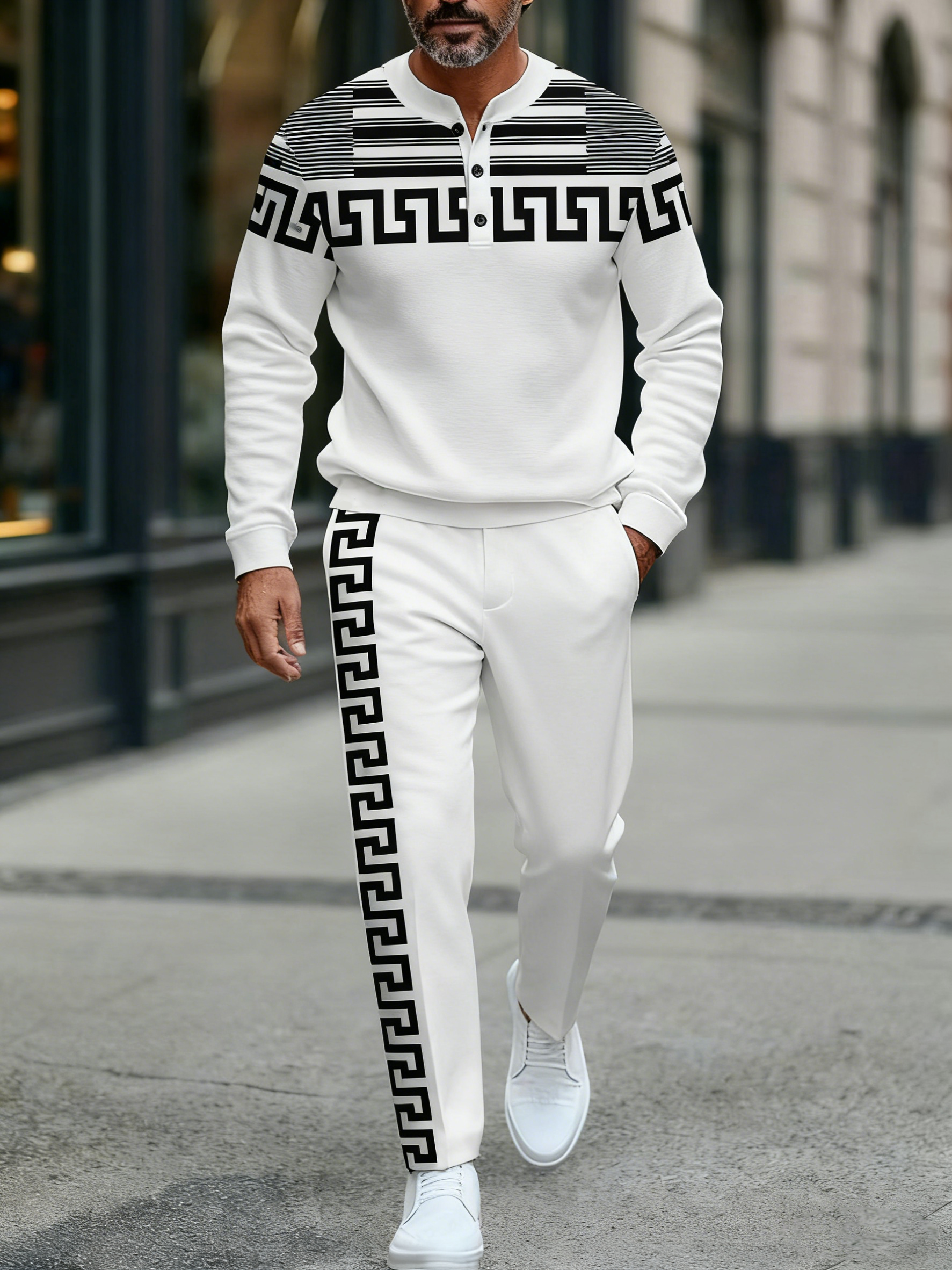 Men's fashion casual geometric print long sleeve zipper two-piece set