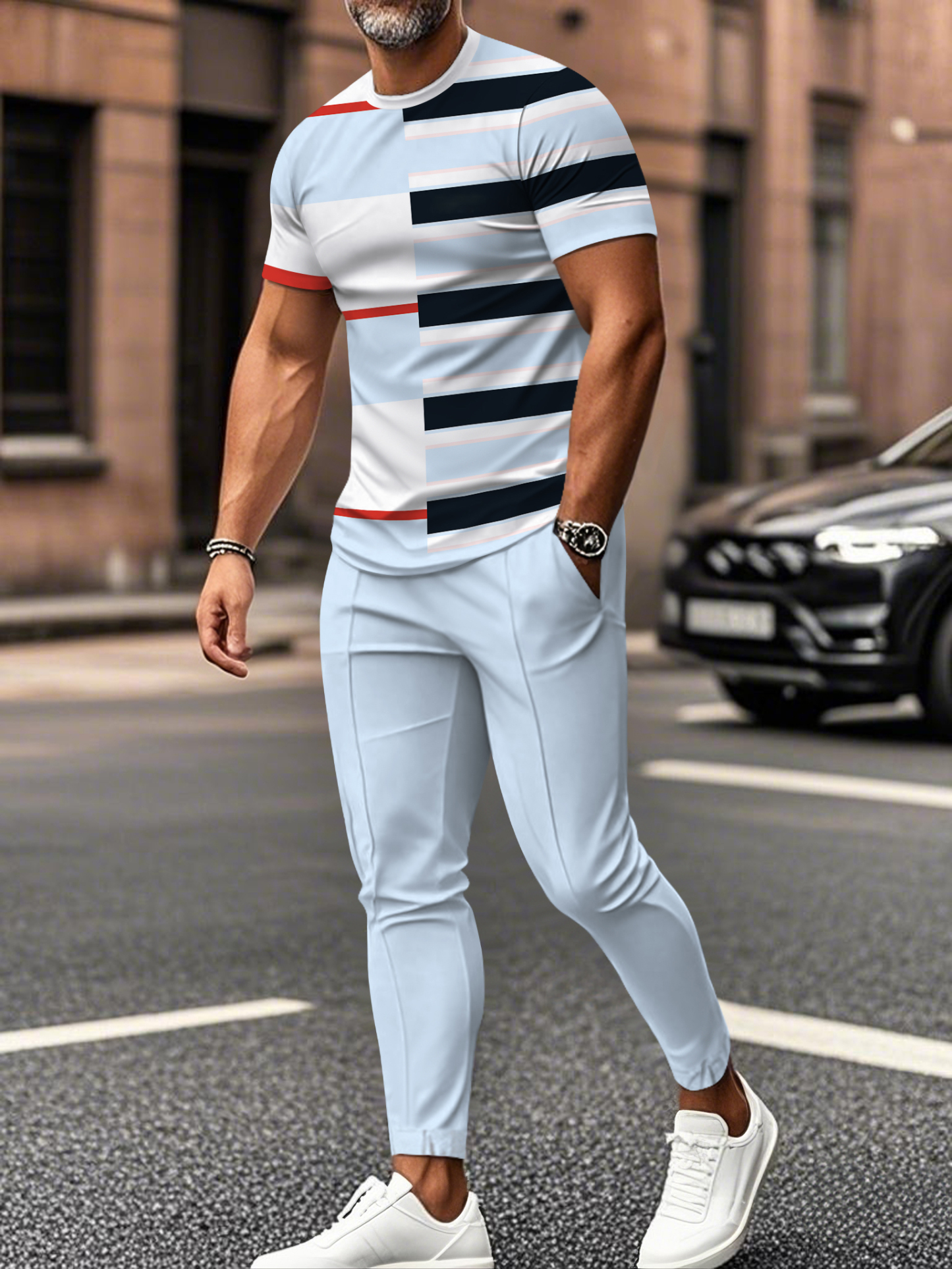 Men's fashion casual color matching striped printed short sleeved trousers two-piece set
