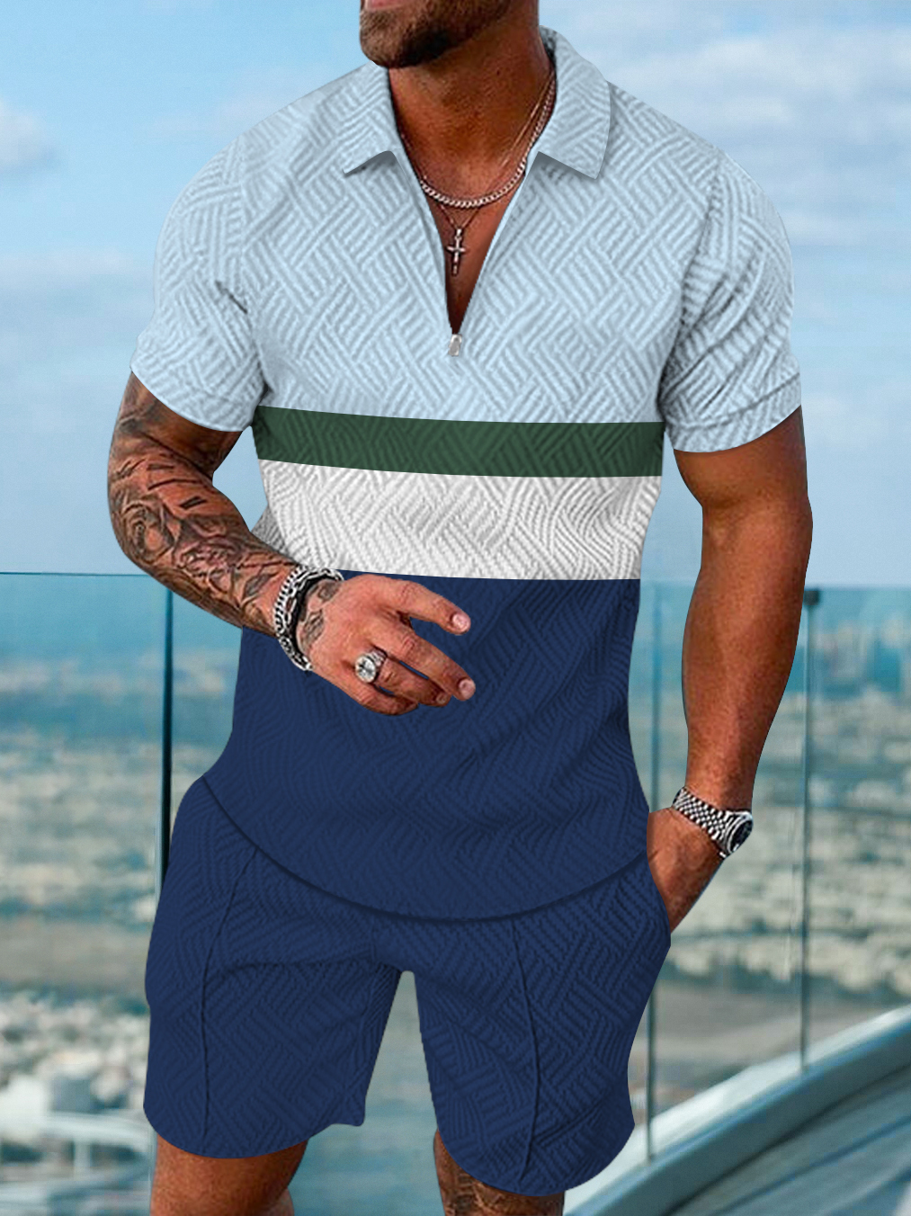 Men's fashion casual color matching printed polo two-piece set