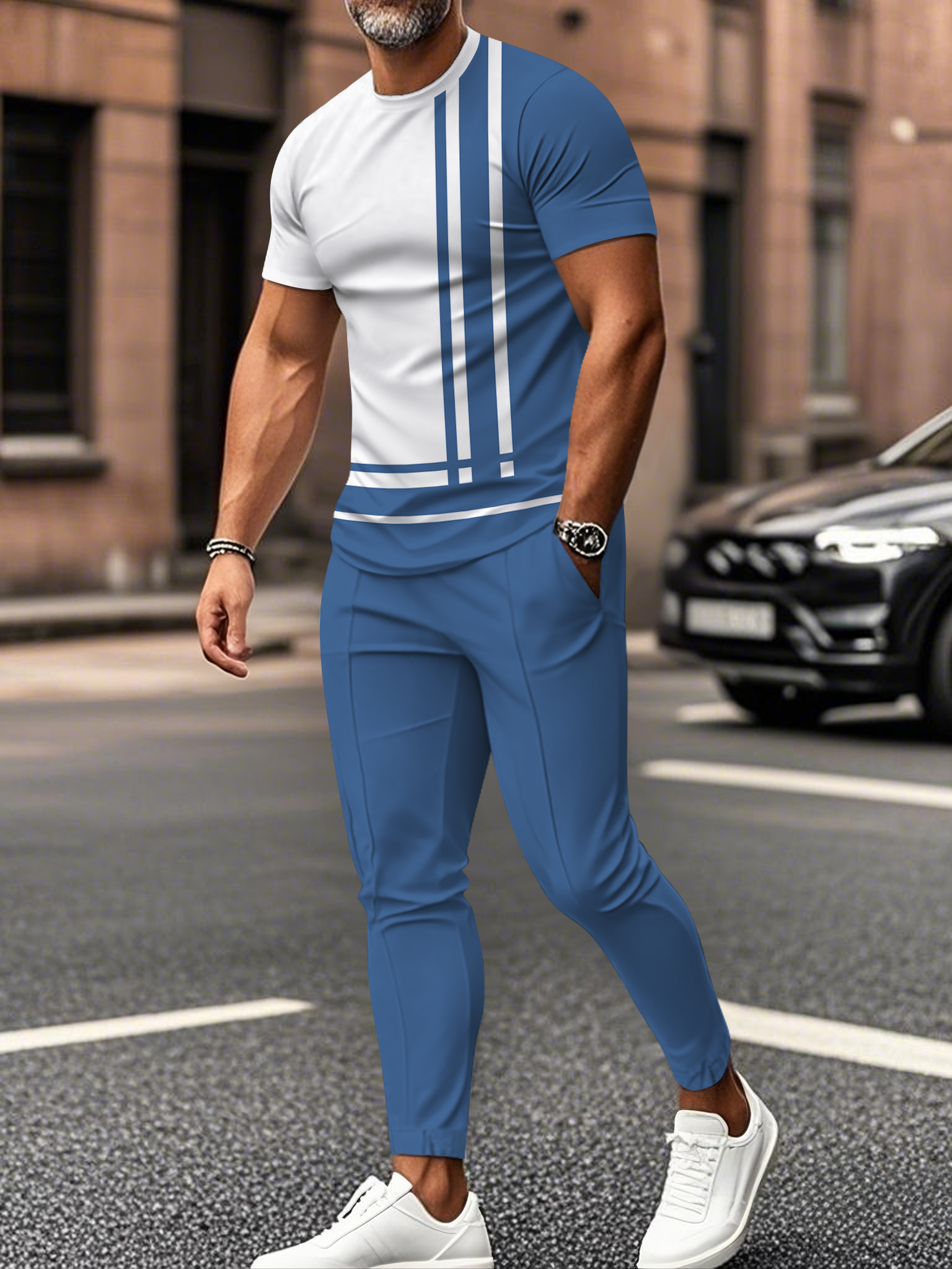 Men's fashion casual color matching striped printed short sleeved trousers two-piece set