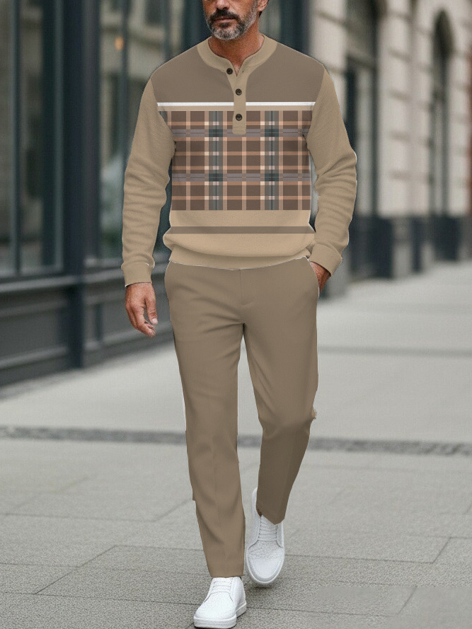 Men's Fashion Casual Geometric Print Long Sleeve Button Design Two-Piece Set