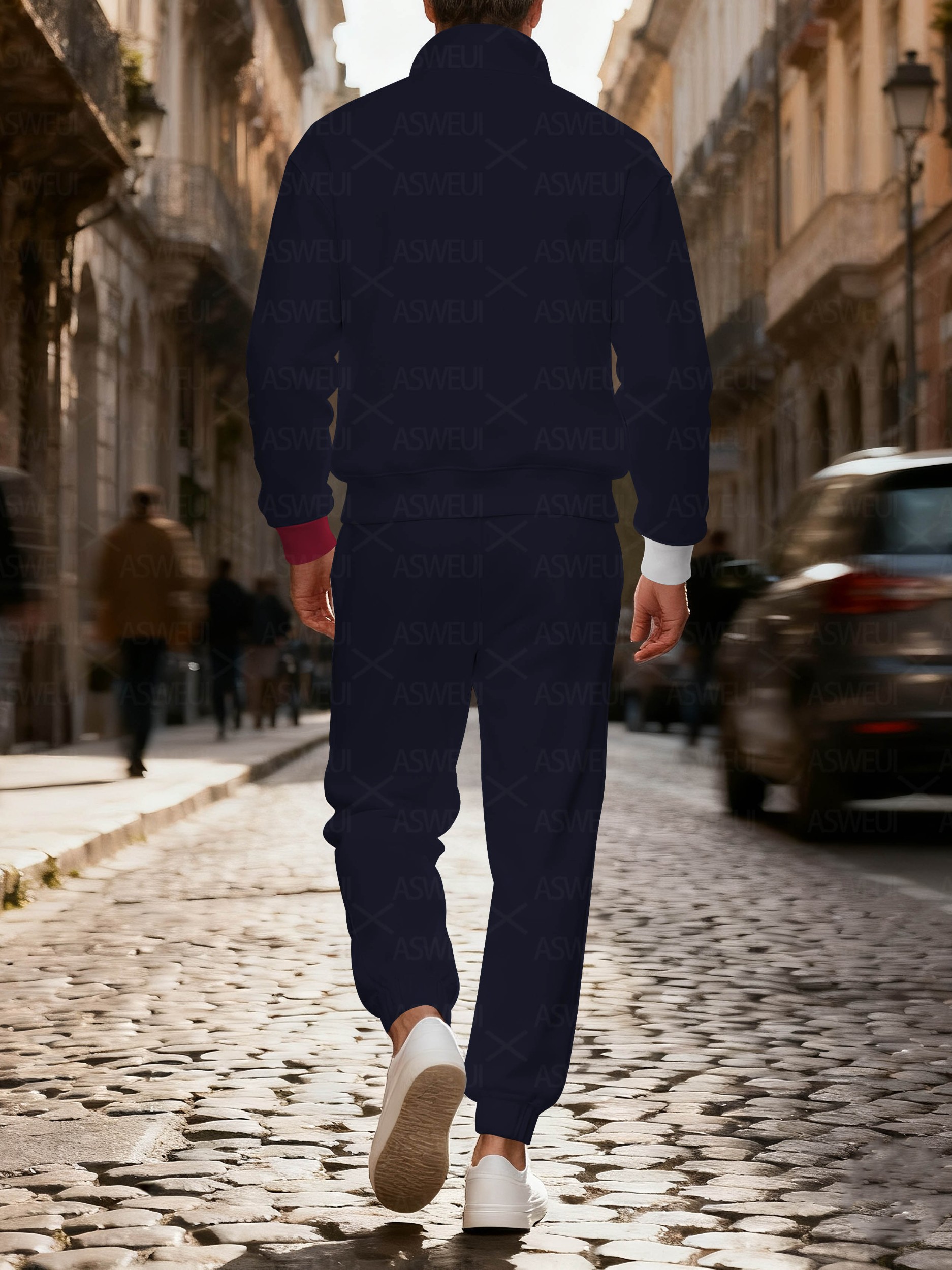 Men's fashionable dark blue geometric print zipper long-sleeved two-piece set