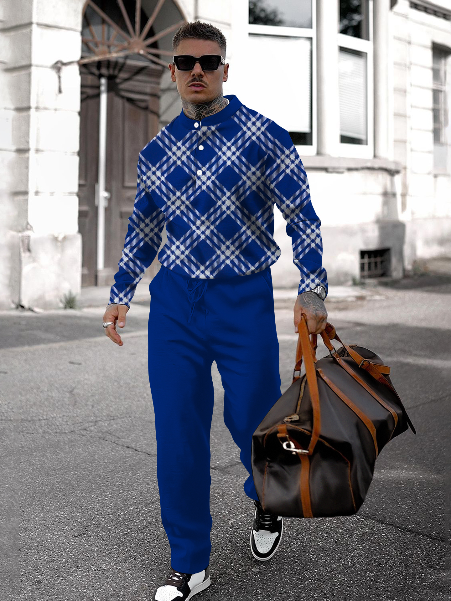 Men's fashion casual geometric print long sleeve two-piece set