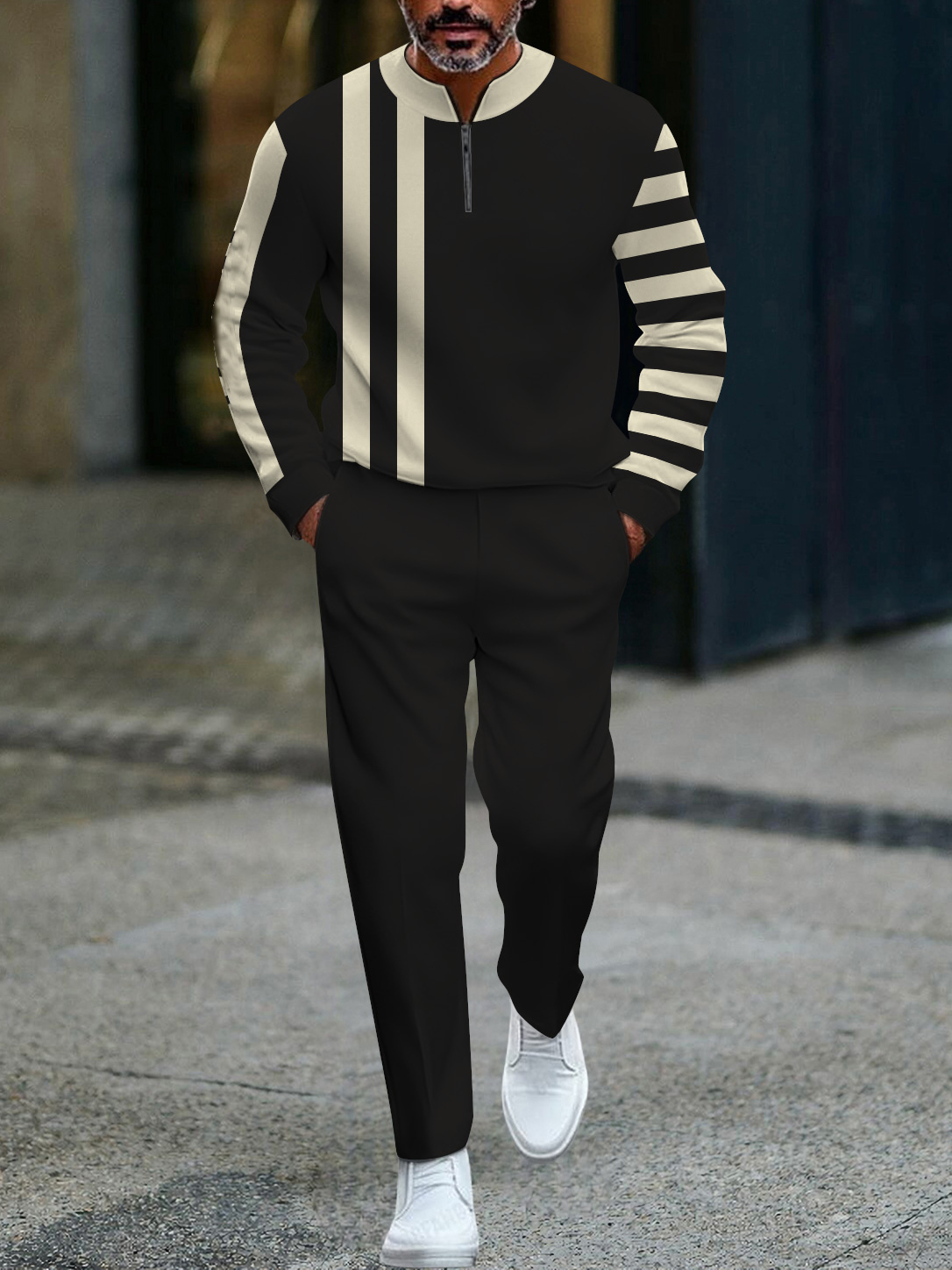 Men's fashion casual geometric print long sleeve zipper two-piece set