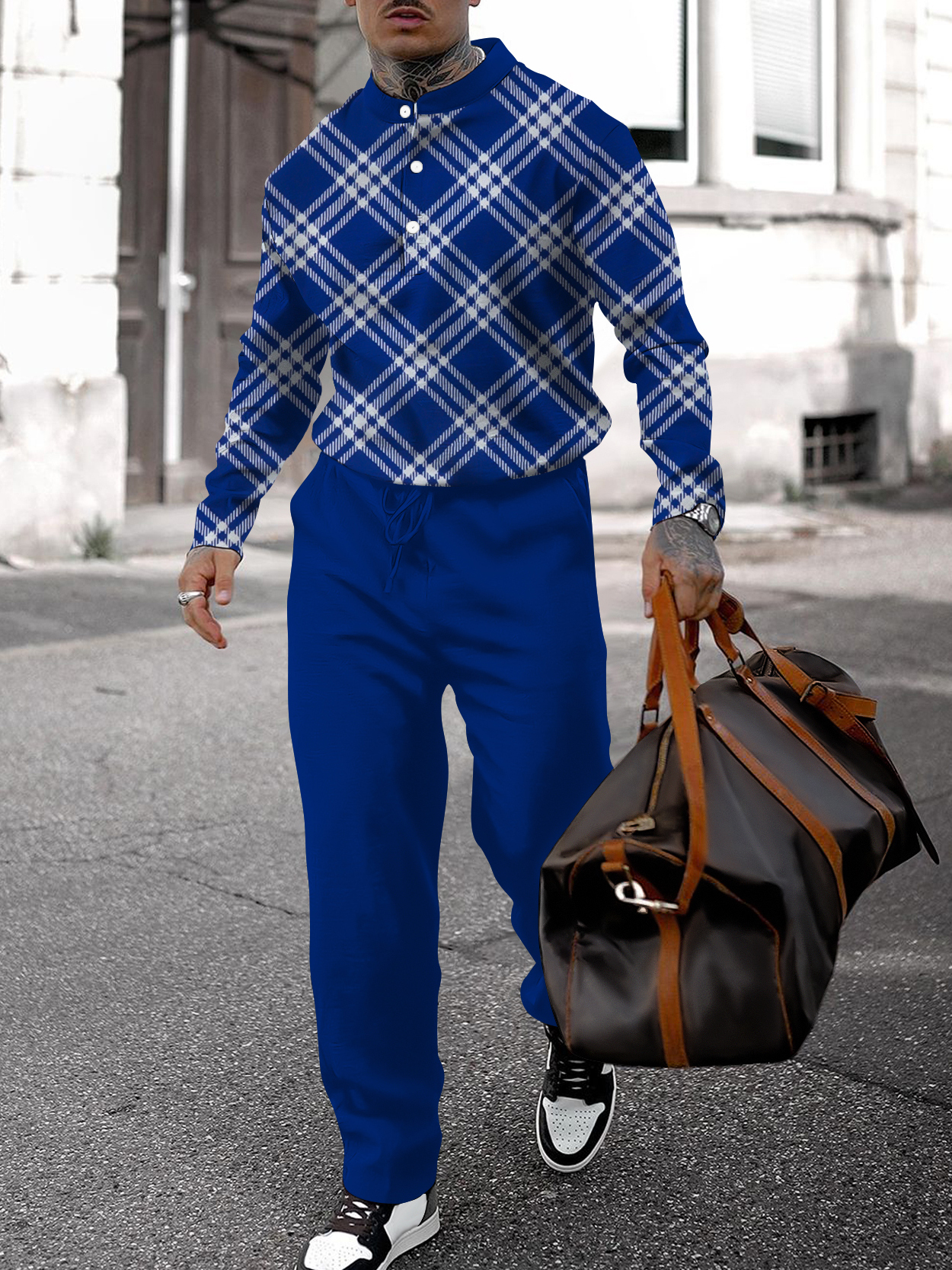 Men's fashion casual geometric print long sleeve two-piece set