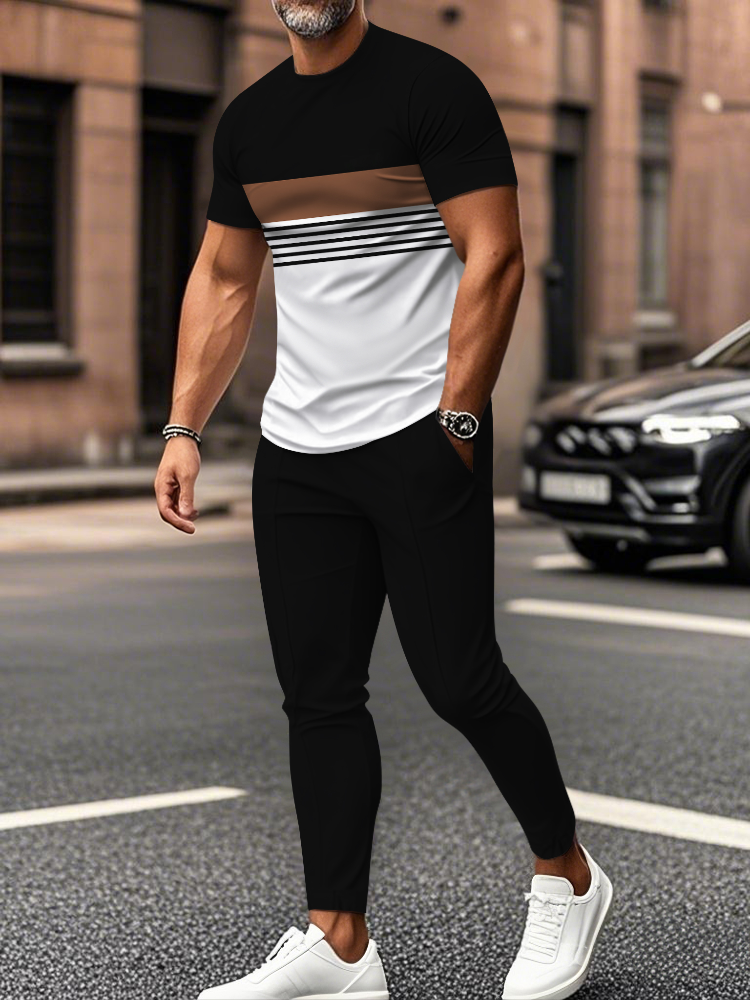 Men's fashion casual color matching striped printed short sleeved trousers two-piece set