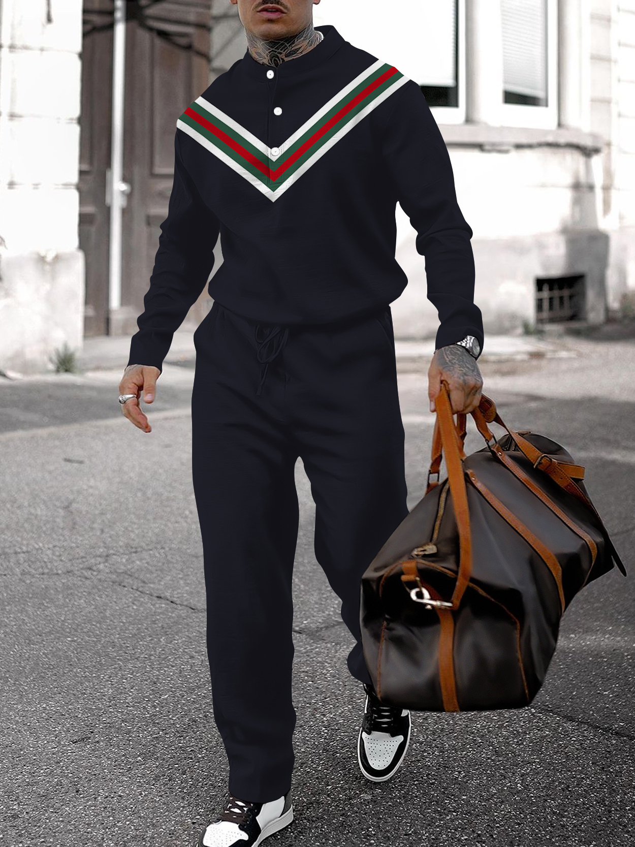 Men's fashion casual geometric print long sleeve two-piece set