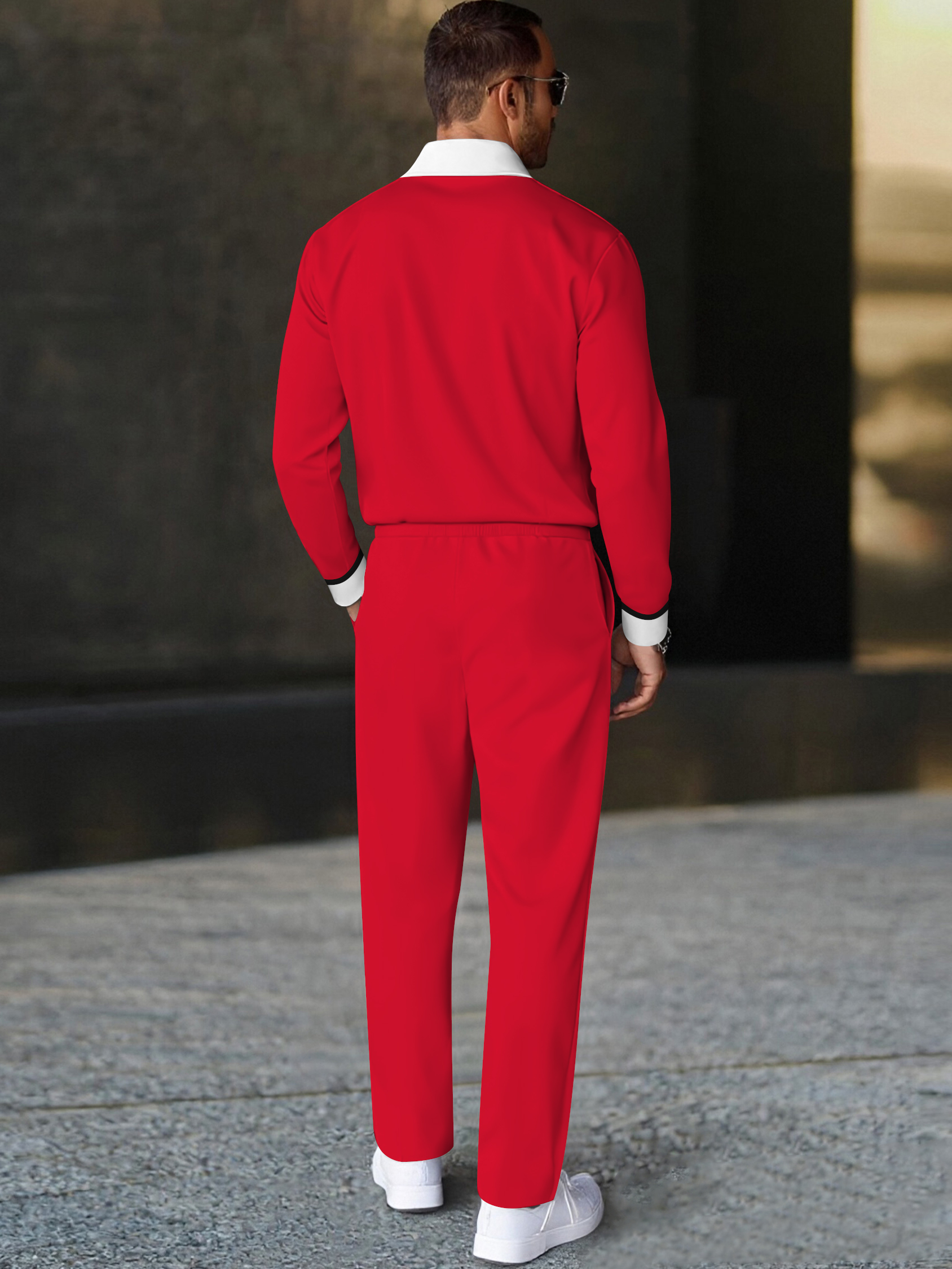 Men's fashion casual geometric print long sleeve zipper polo two-piece set