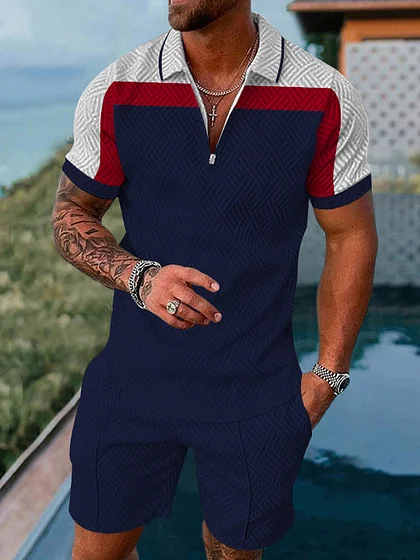 Men's fashion casual geometric print short sleeve polo two-piece set