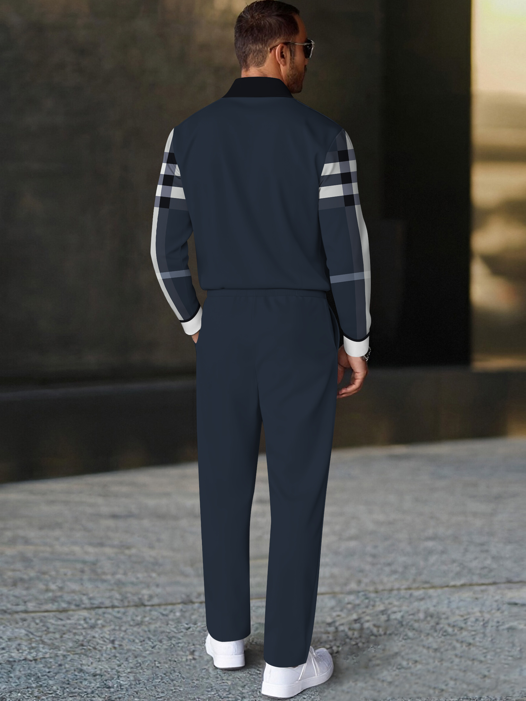 Men's fashion casual geometric print long sleeve zipper polo two-piece set