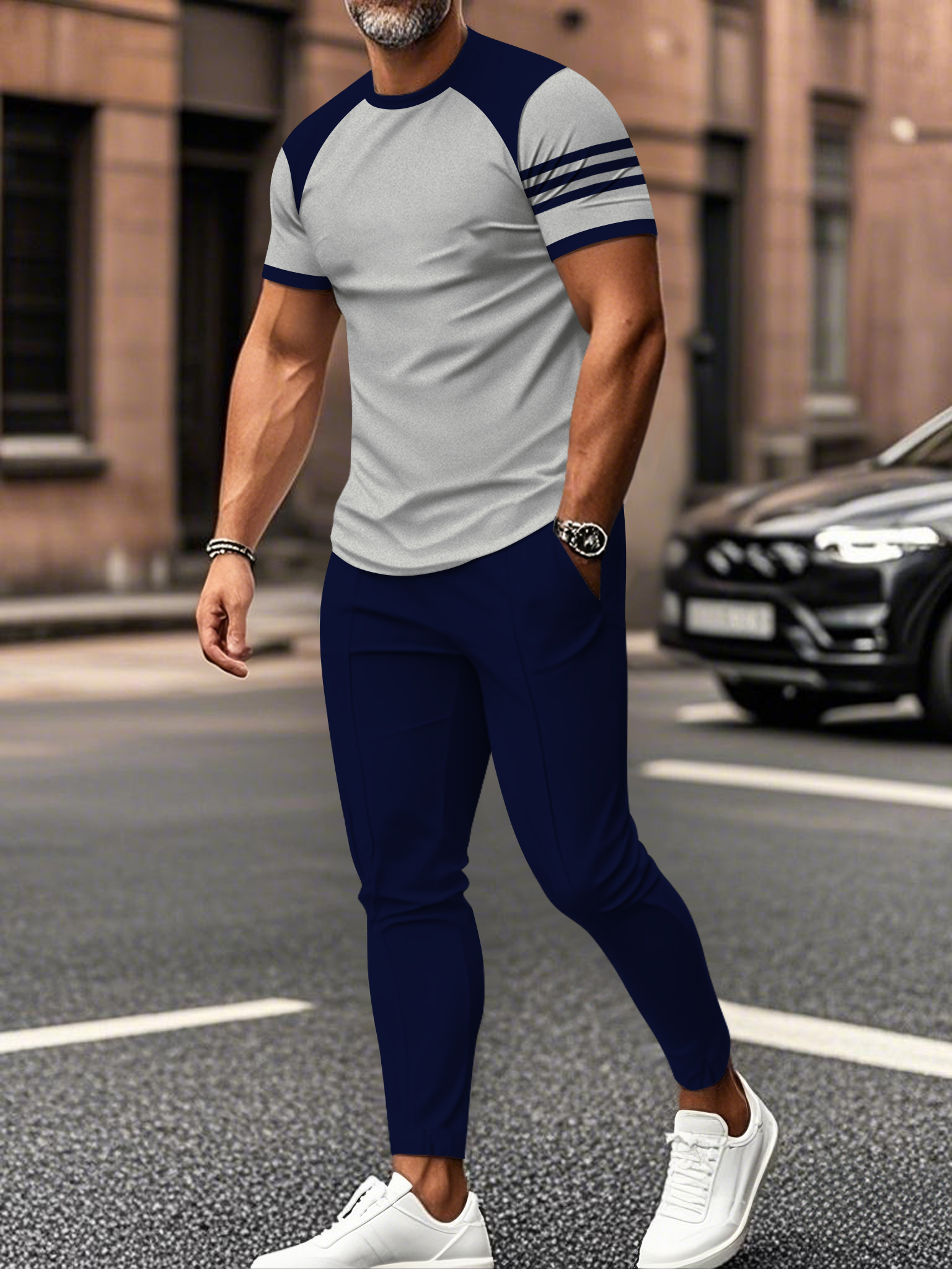 Men's fashion casual color matching striped printed short sleeved trousers two-piece set