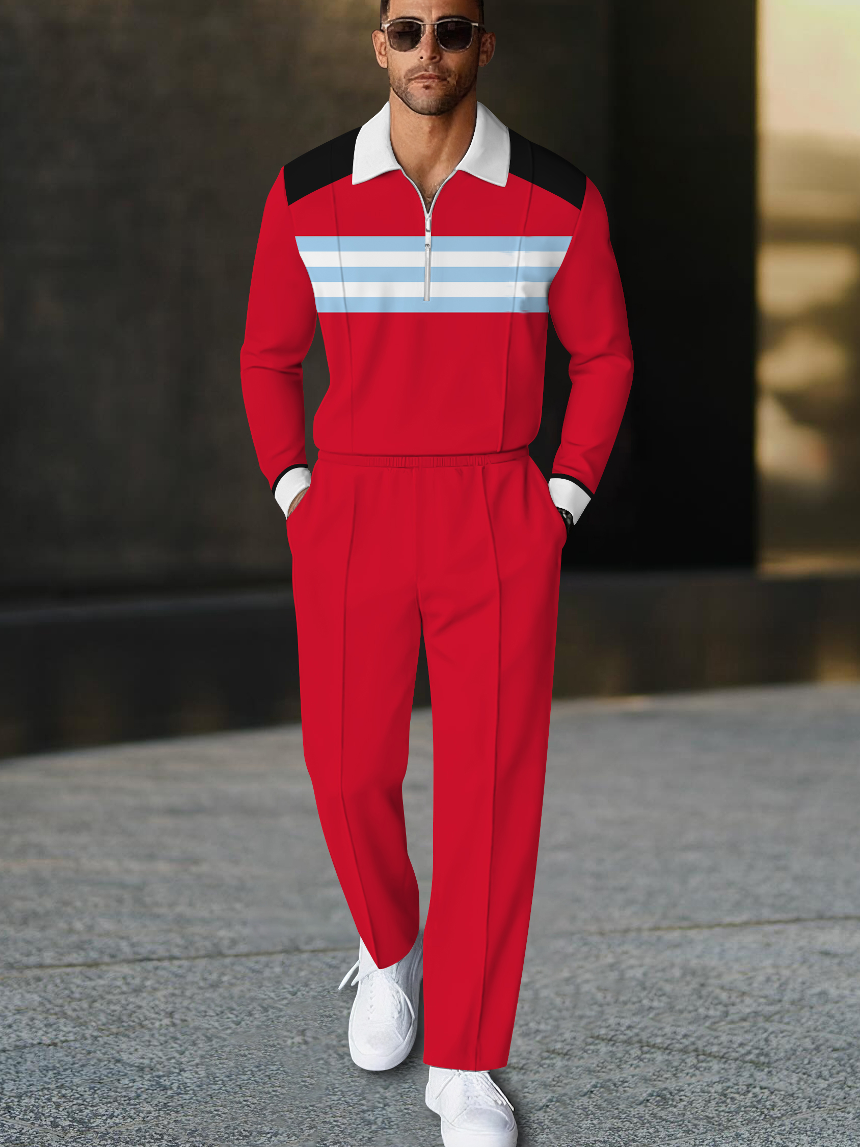 Men's fashion casual geometric print long sleeve zipper polo two-piece set