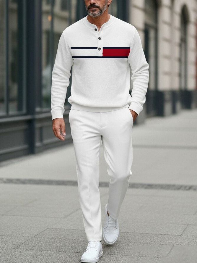 Men's Fashion Casual Geometric Print Long Sleeve Button Design Two-Piece Set