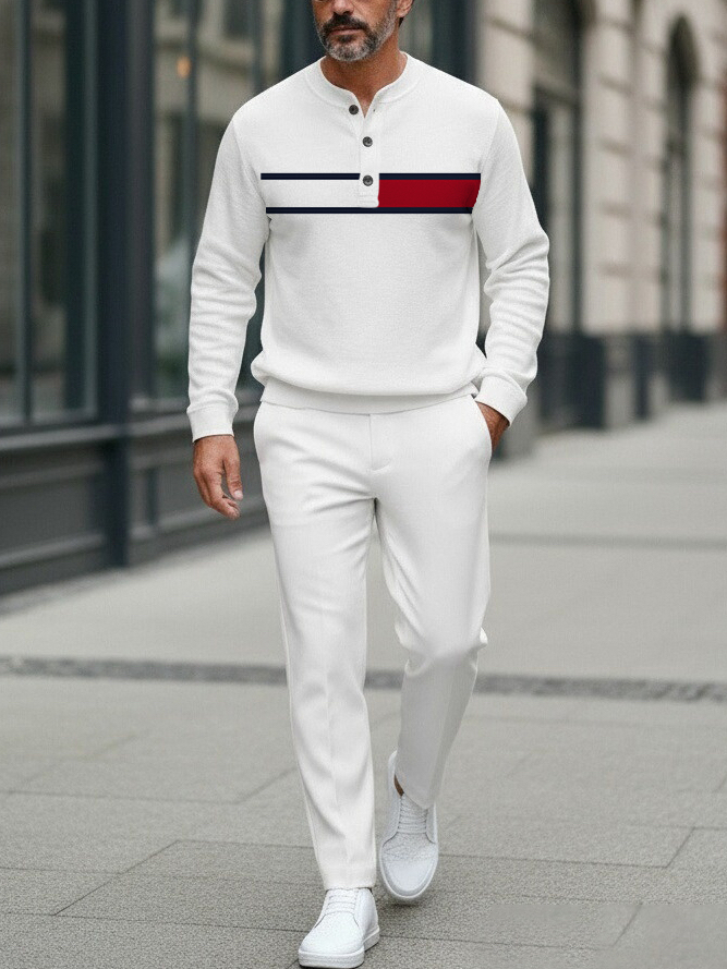 Men's Fashion Casual Geometric Print Long Sleeve Button Design Two-Piece Set