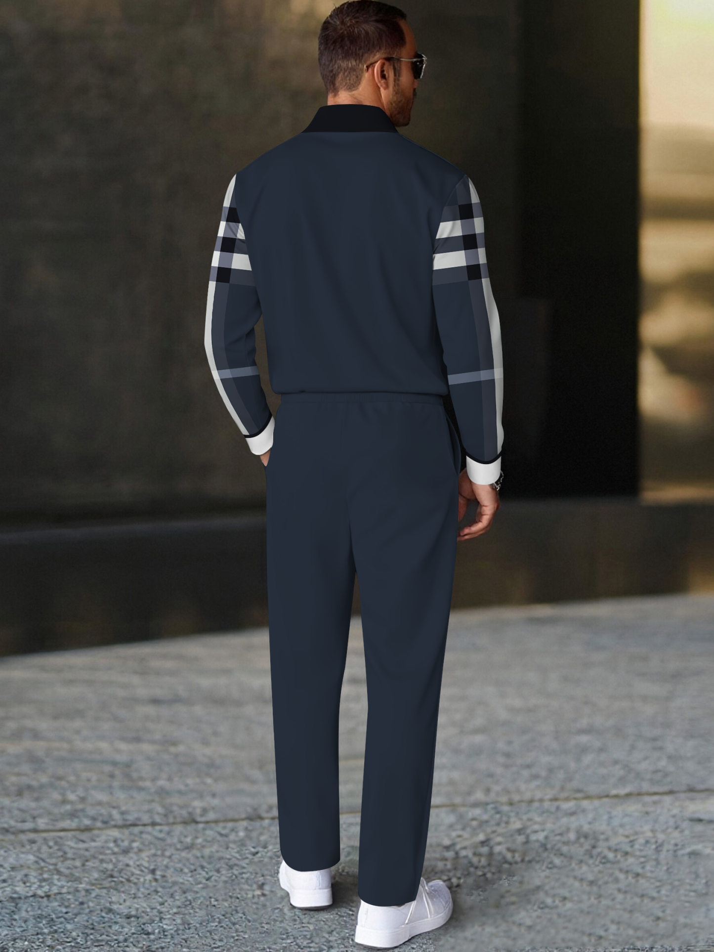 Men's fashion casual geometric print long sleeve zipper polo two-piece set