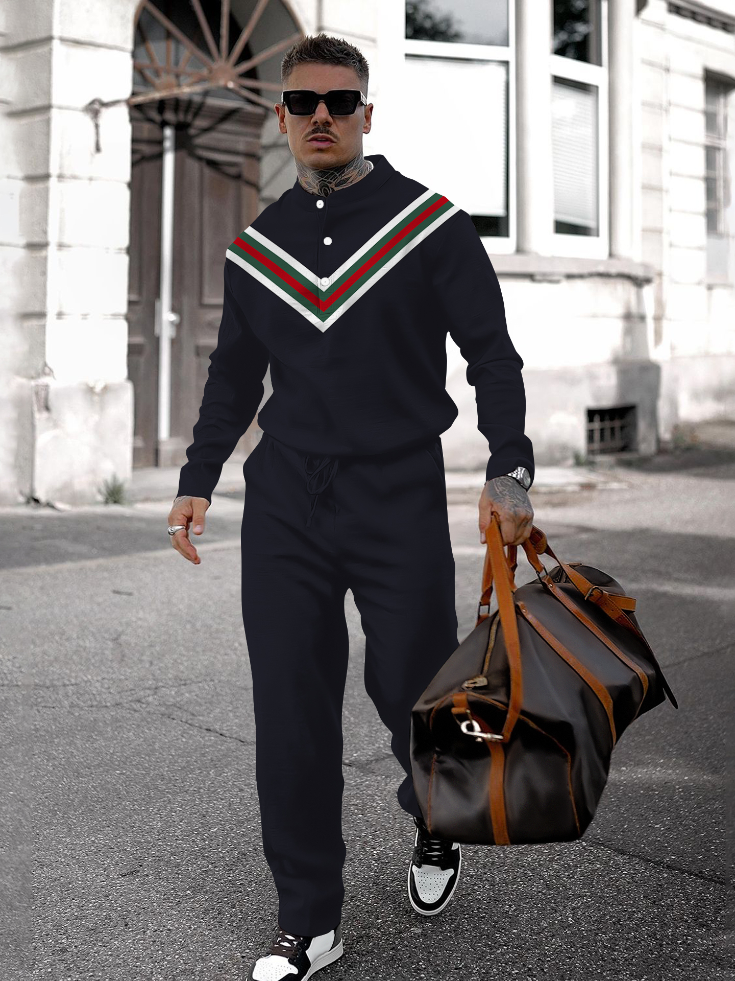 Men's fashion casual geometric print long sleeve two-piece set