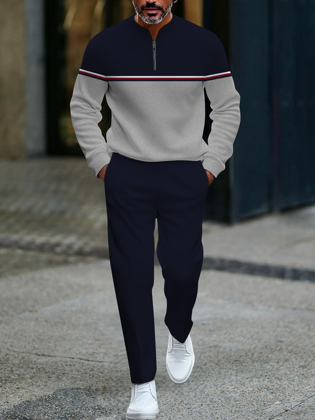 Men's fashion casual geometric print long sleeve zipper two-piece set