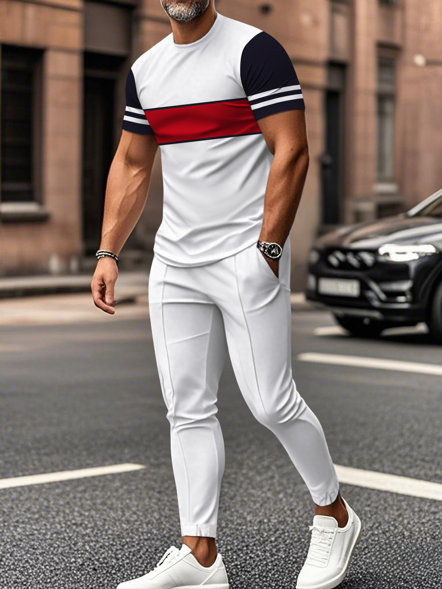 Men's fashion casual color matching striped printed short sleeved trousers two-piece set