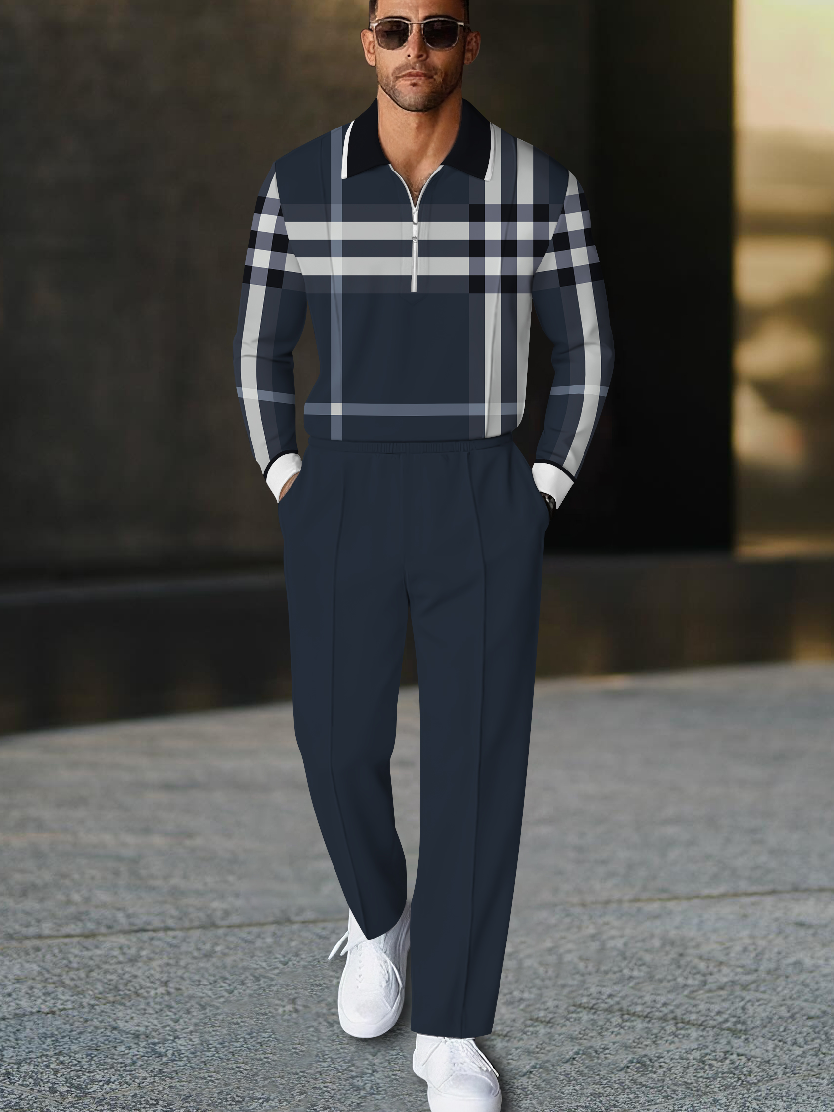 Men's fashion casual geometric print long sleeve zipper polo two-piece set