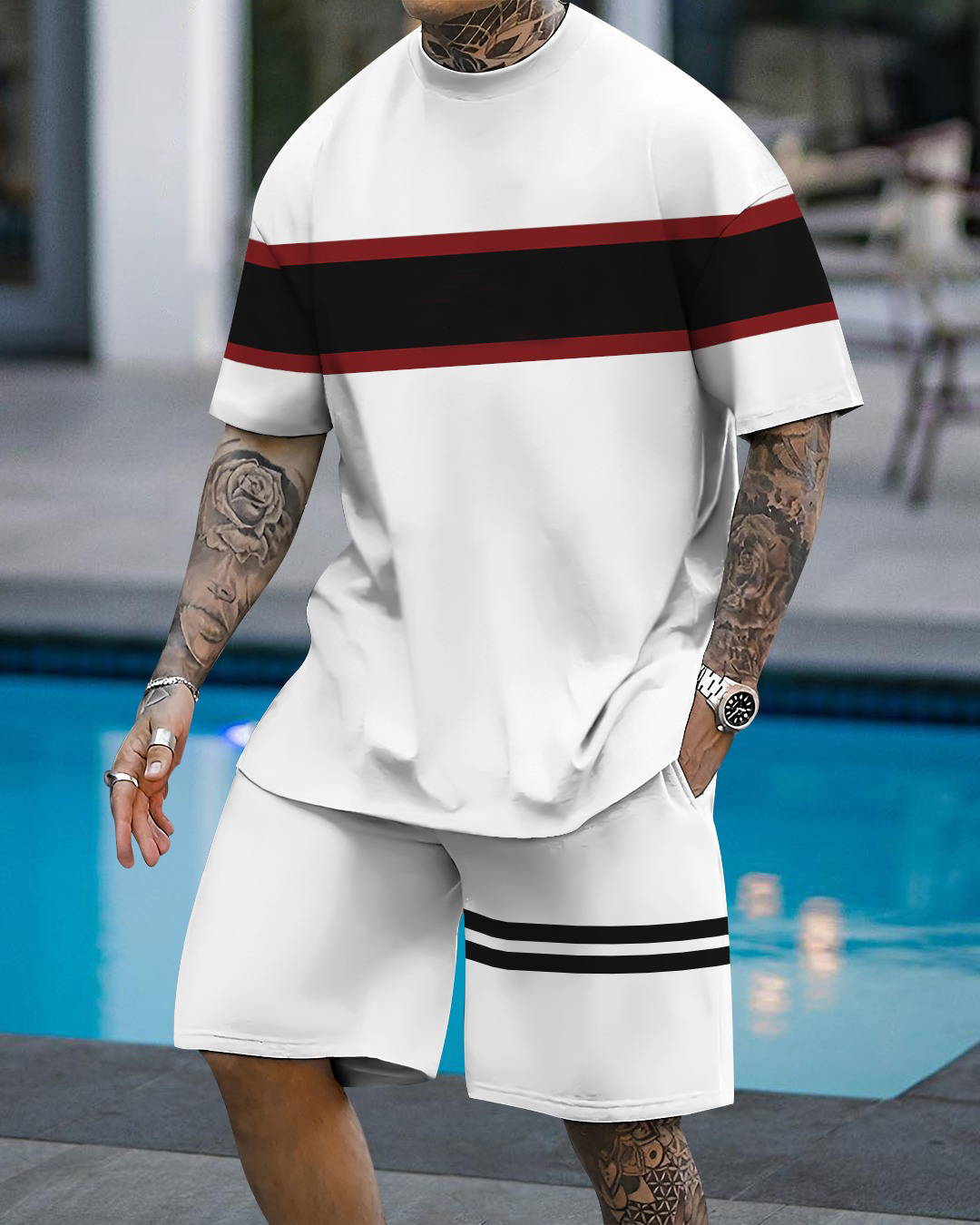 Men's fashion casual color matching printed short-sleeved two-piece set