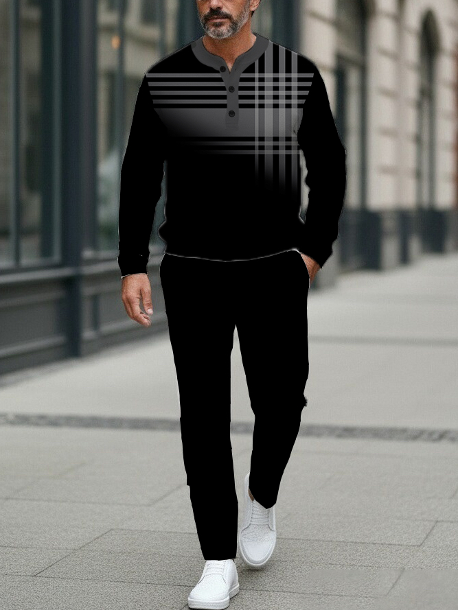Men's Fashion Casual Geometric Print Long Sleeve Button Design Two-Piece Set