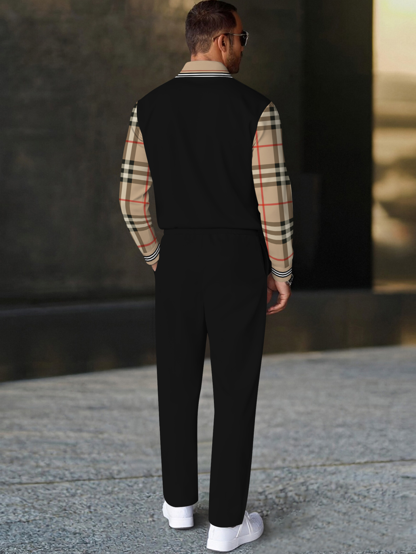 Men's fashion casual geometric print long sleeve zipper polo two-piece set