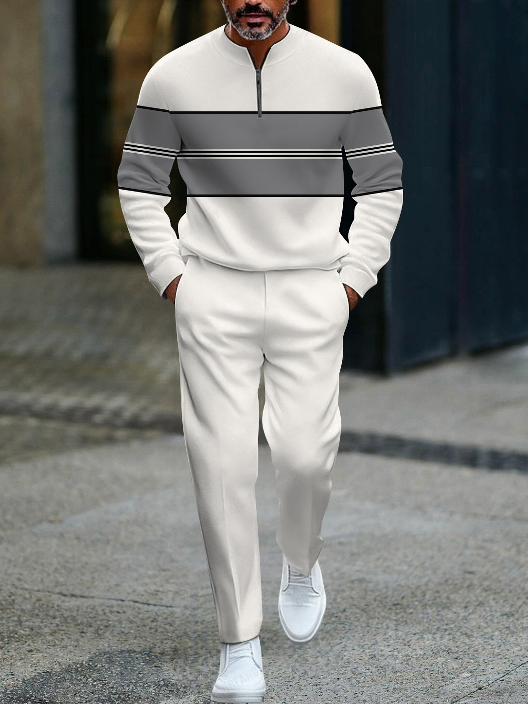 Men's fashion casual geometric print long sleeve zipper two-piece set