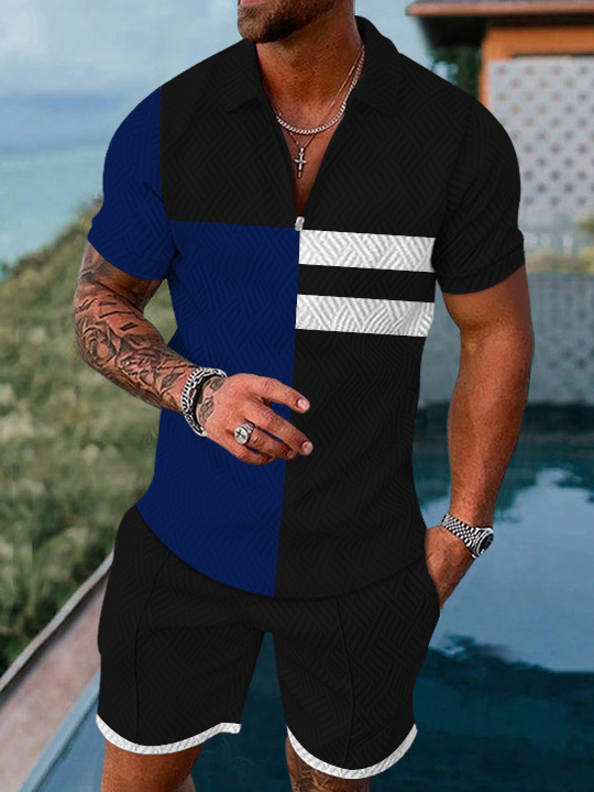 Men's fashion casual geometric print short sleeve polo two-piece set