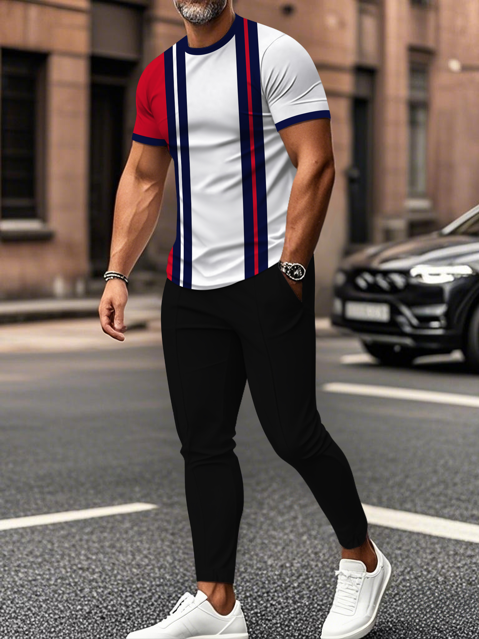 Men's fashion casual color matching striped printed short sleeved trousers two-piece set