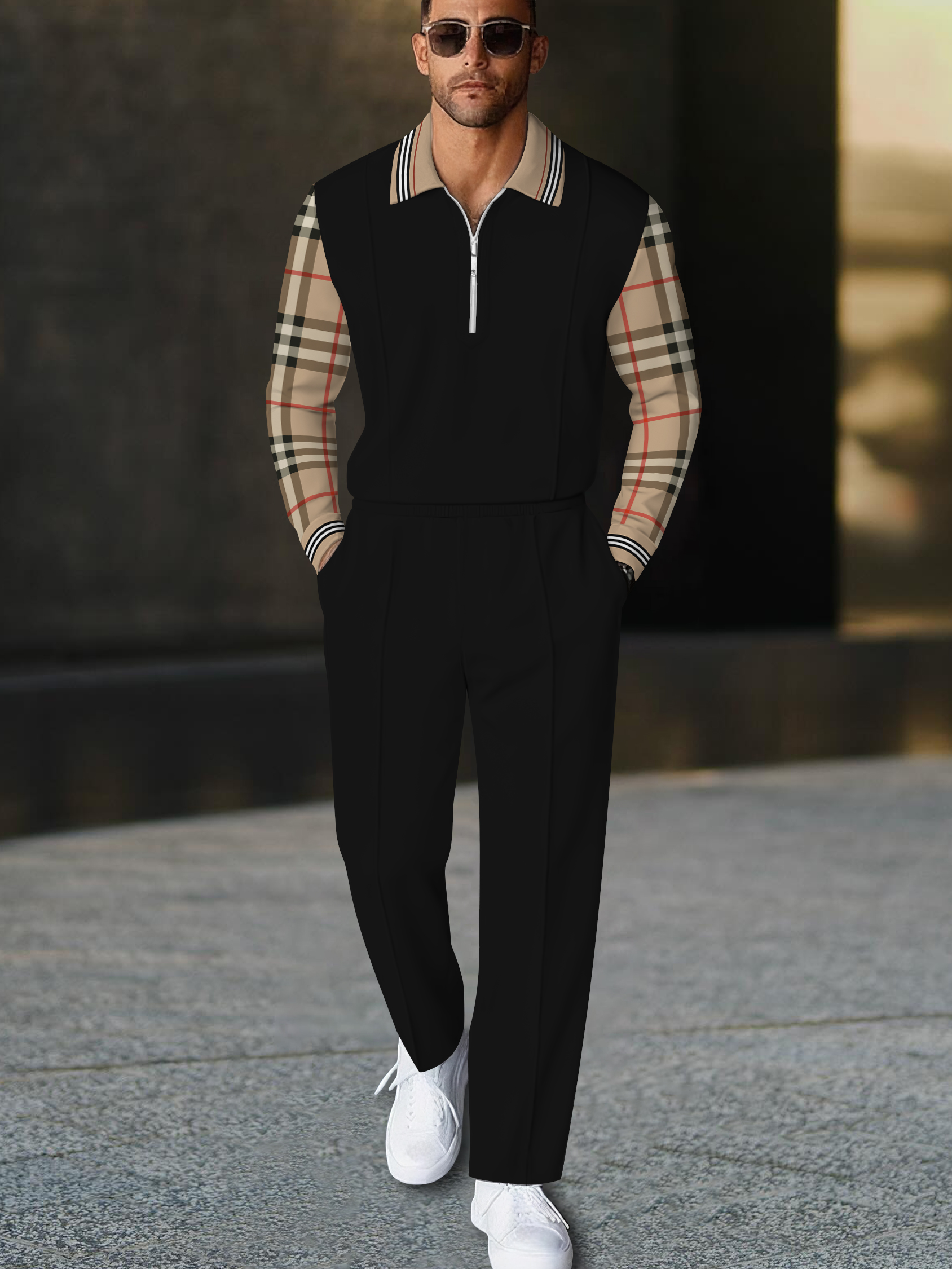 Men's fashion casual geometric print long sleeve zipper polo two-piece set