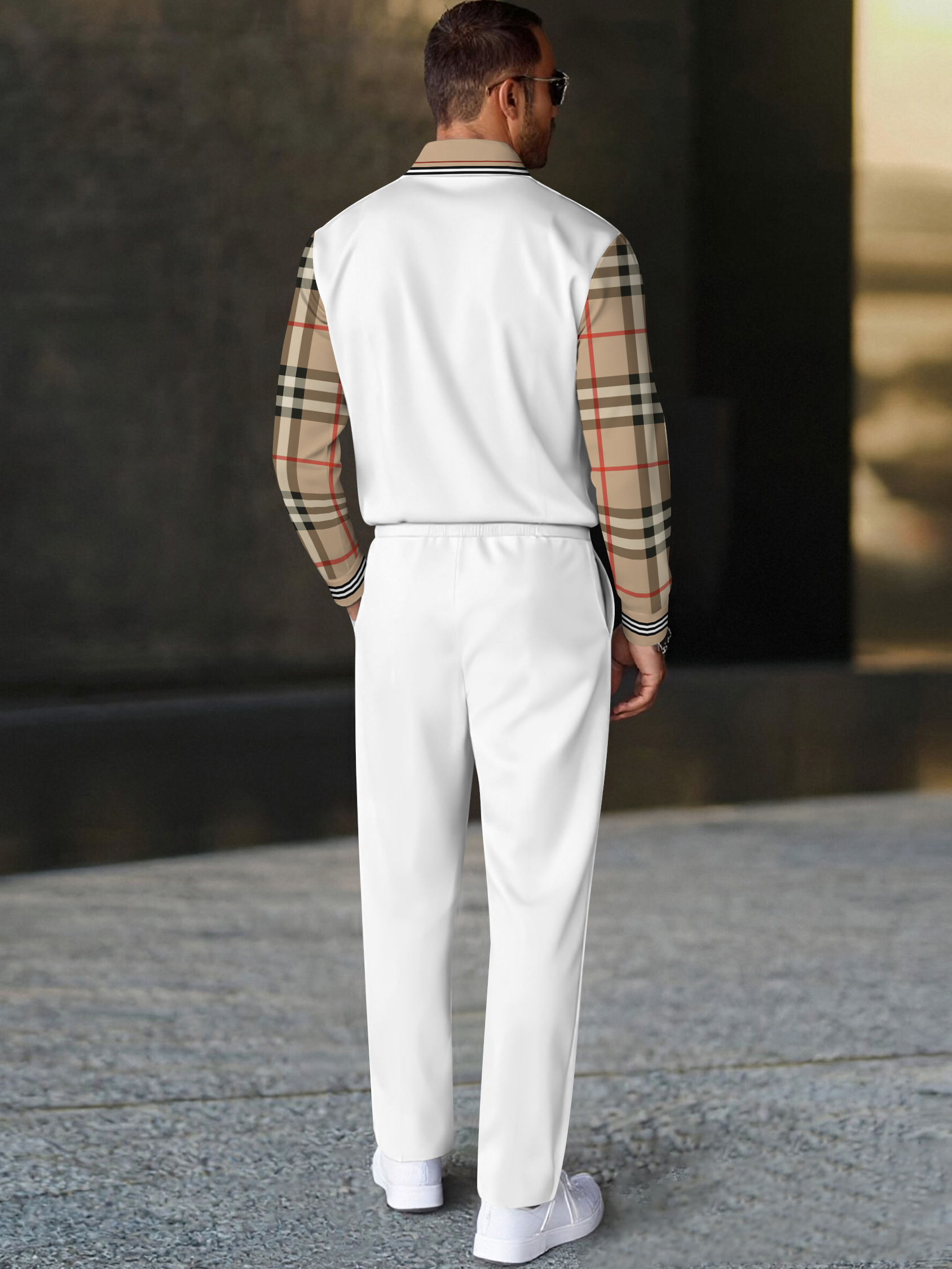 Men's fashion casual geometric print long sleeve zipper polo two-piece set