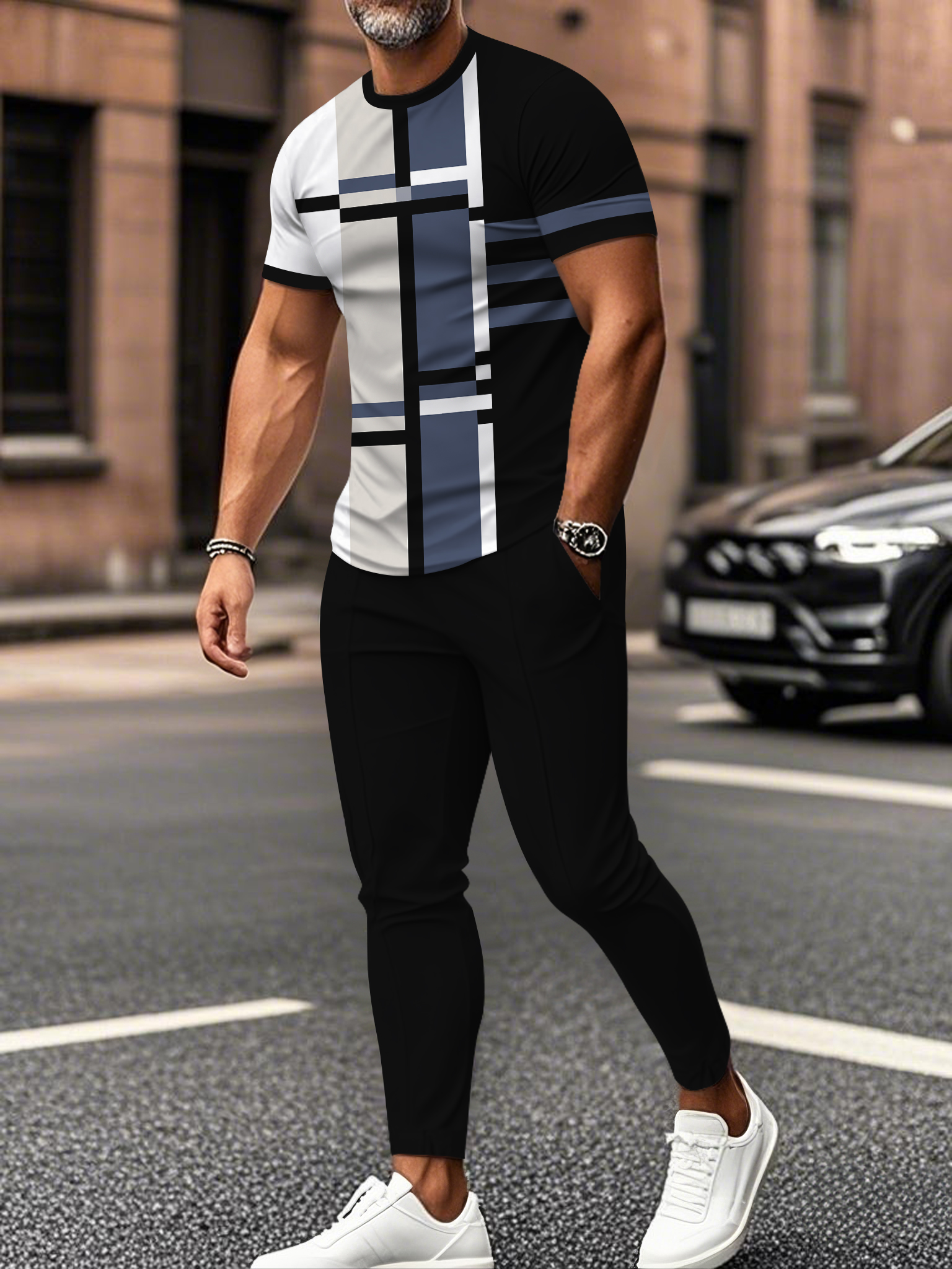 Men's fashion casual color matching striped printed short sleeved trousers two-piece set