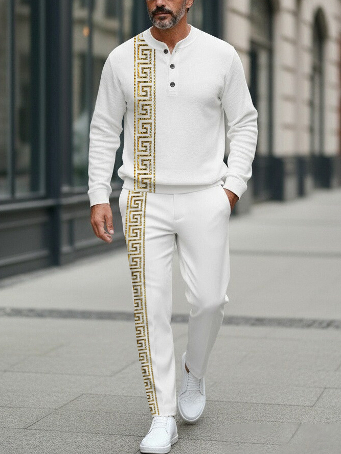 Men's Fashion Casual Geometric Print Long Sleeve Button Design Two-Piece Set
