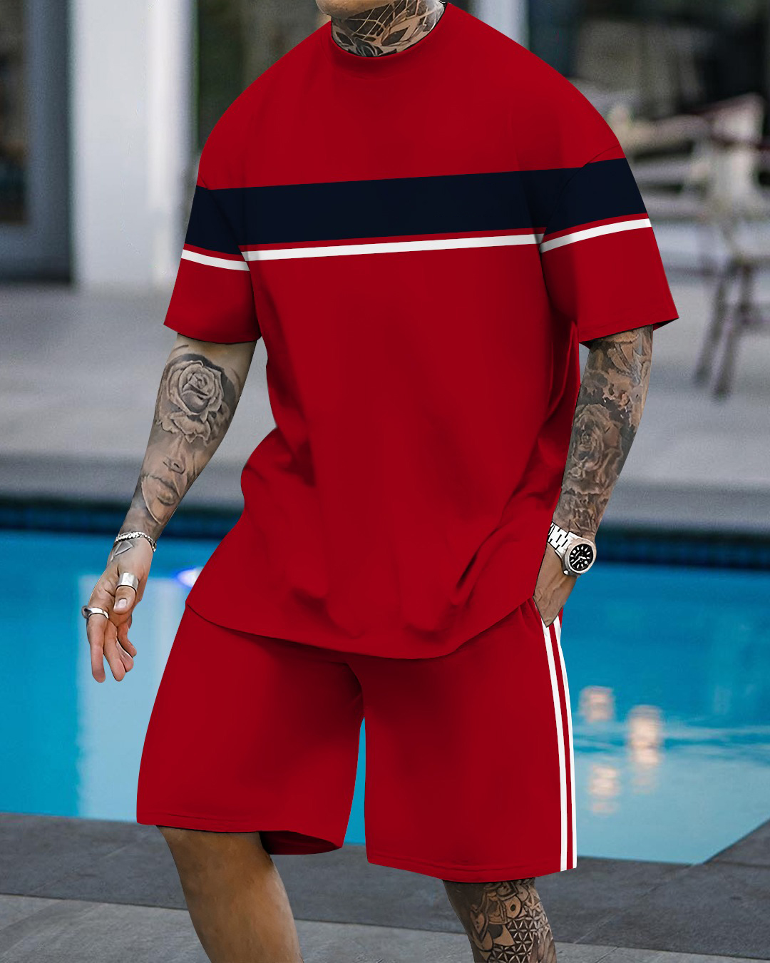 Men's fashion casual color matching printed short-sleeved two-piece set