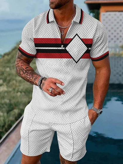 Men's fashion white geometric print short-sleeved polo suit