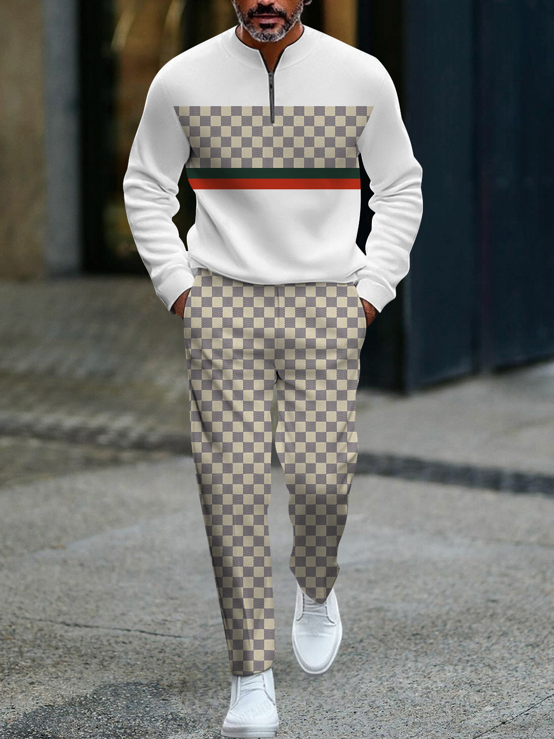 Men's fashion casual geometric print long sleeve zipper two-piece set