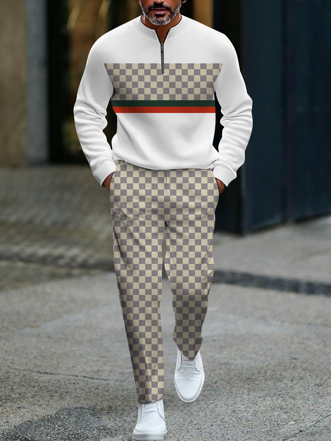 Men's fashion casual geometric print long sleeve zipper two-piece set