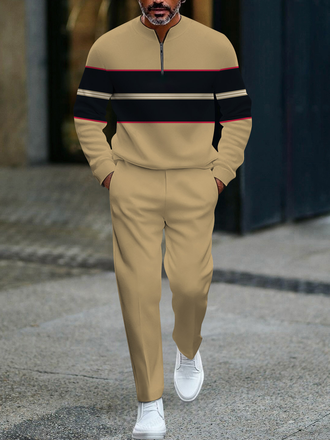 Men's fashion casual geometric print long sleeve zipper two-piece set