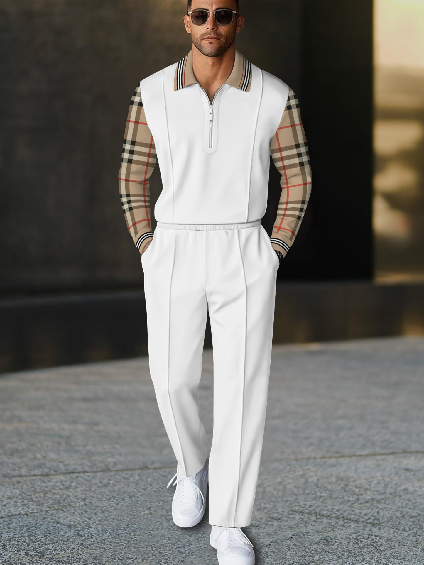 Men's fashion casual geometric print long sleeve zipper polo two-piece set