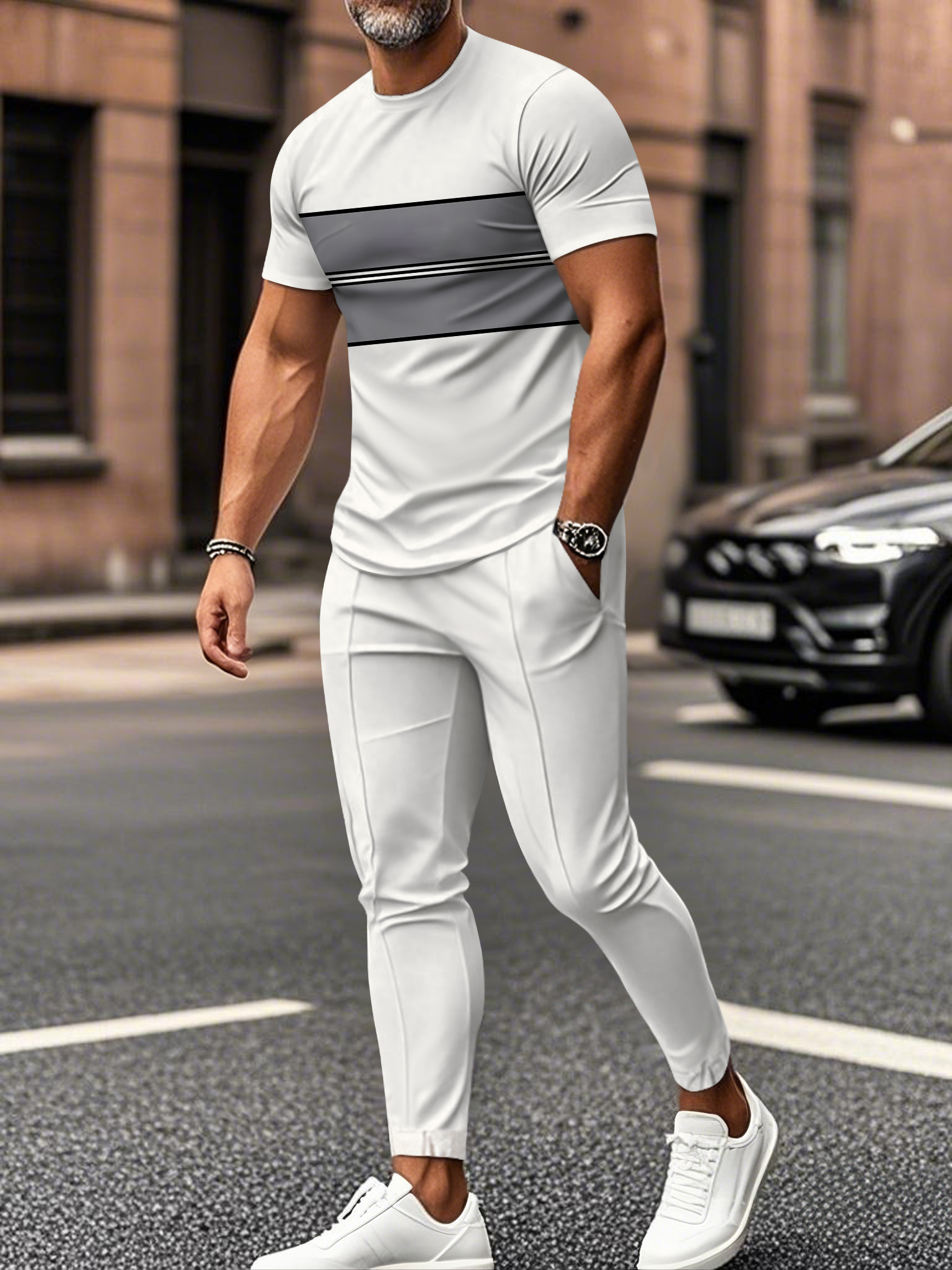 Men's fashion casual color matching striped printed short sleeved trousers two-piece set